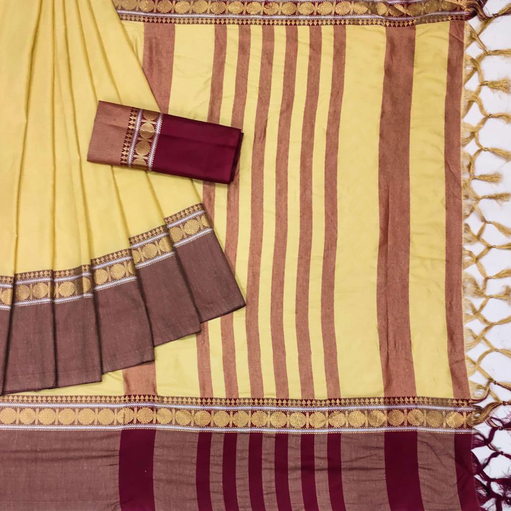 Cream Woven Cotton Silk Saree With Tassels