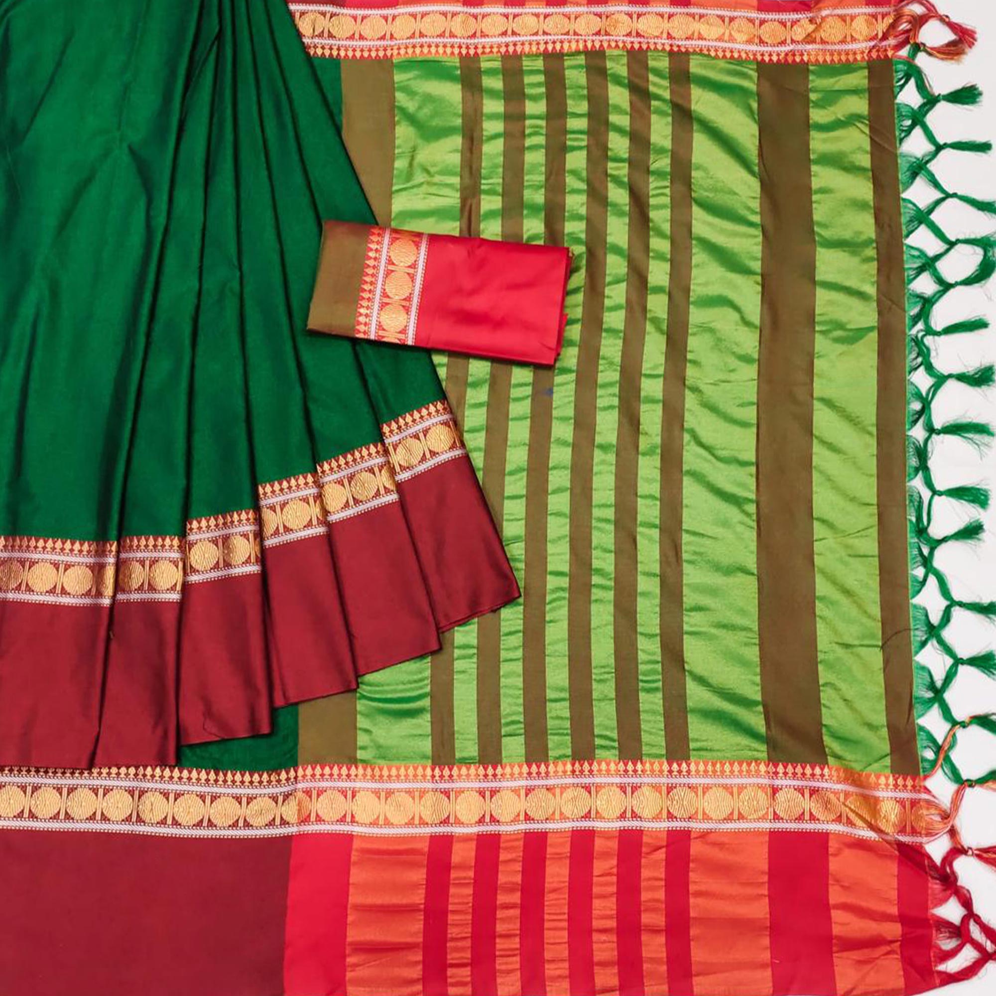 Dark Green Woven Cotton Silk Saree With Tassels