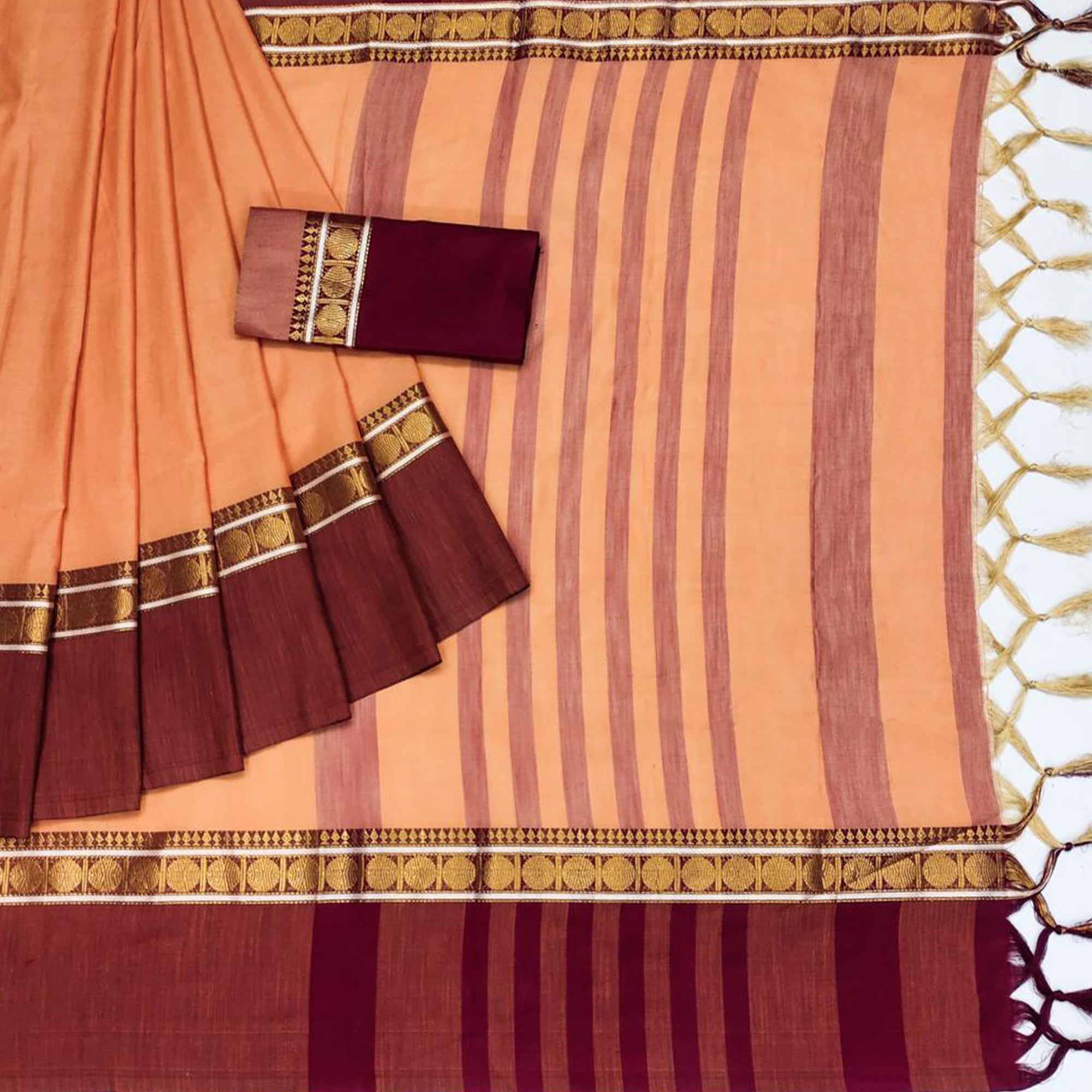 Light Orange Woven Cotton Silk Saree With Tassels