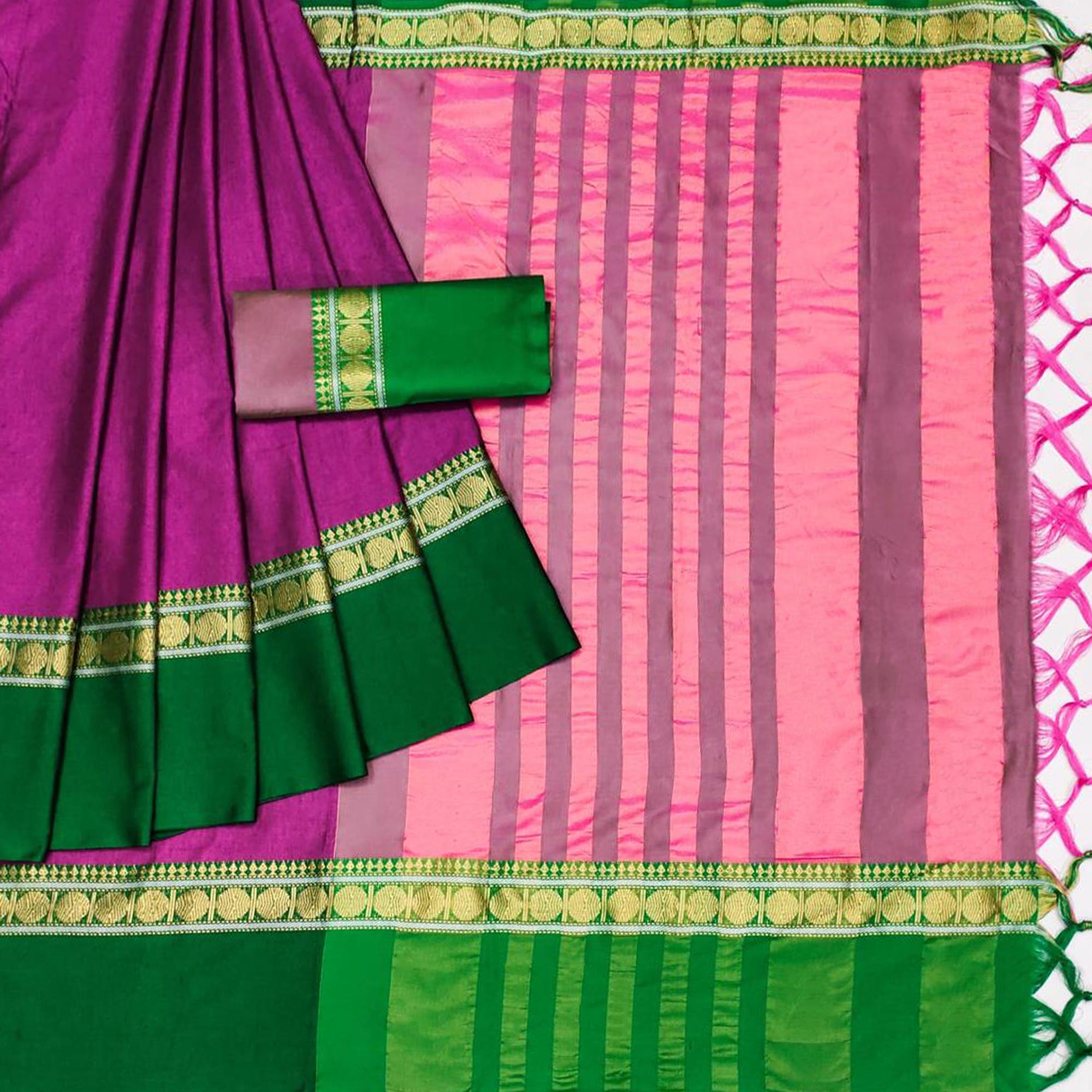 Magenta Woven Cotton Silk Saree With Tassels