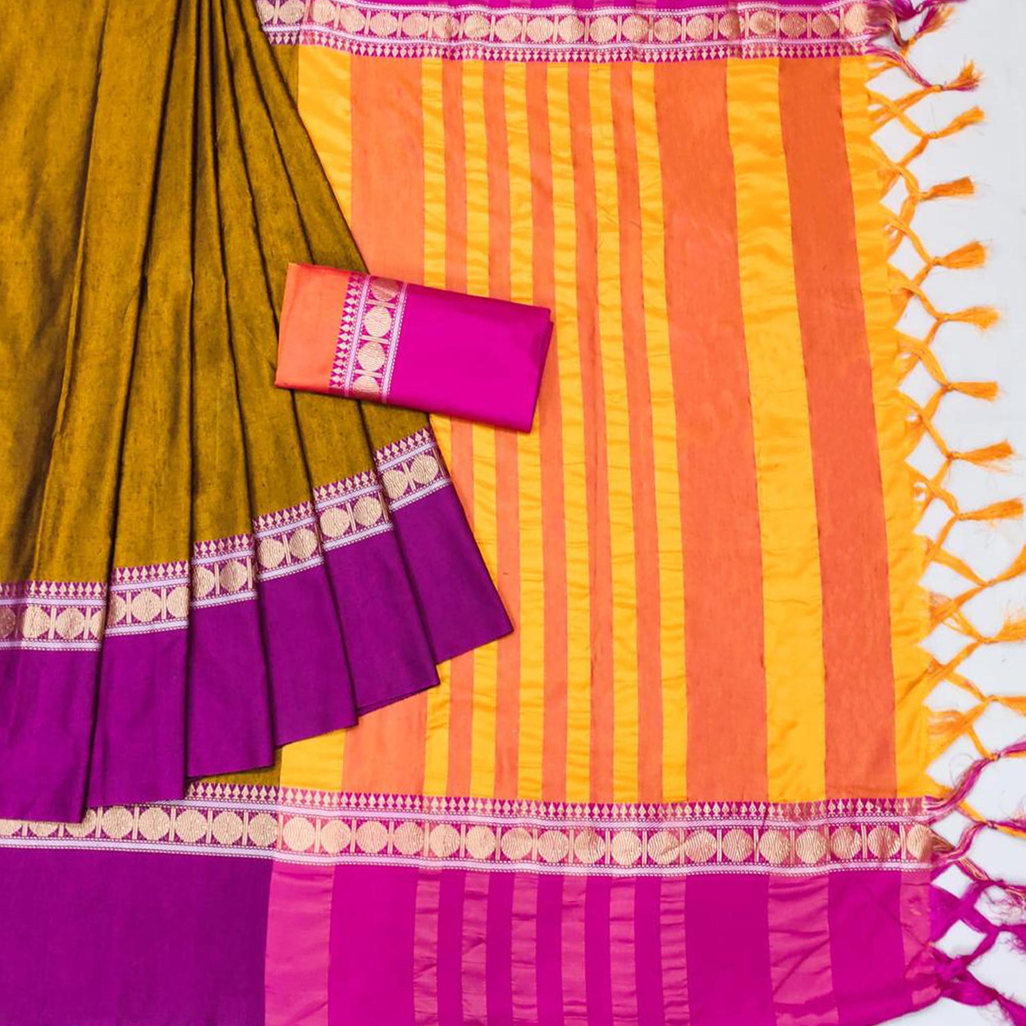 Mustard Woven Cotton Silk Saree With Tassels