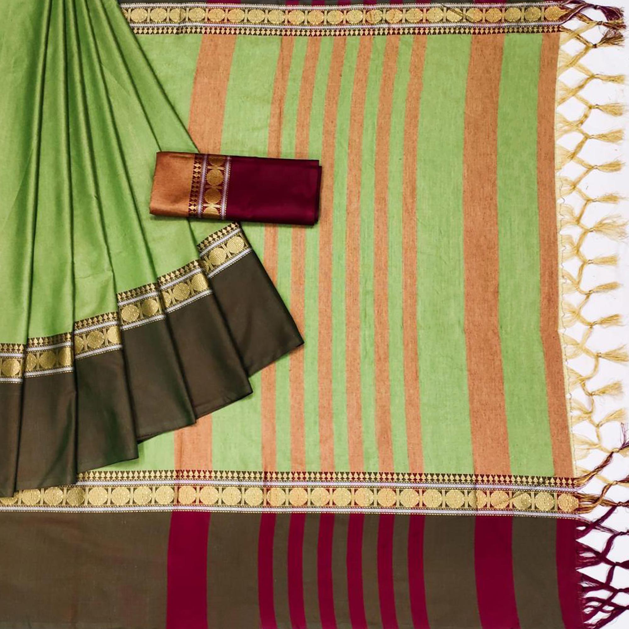 Pastle Green Woven Cotton Silk Saree With Tassels