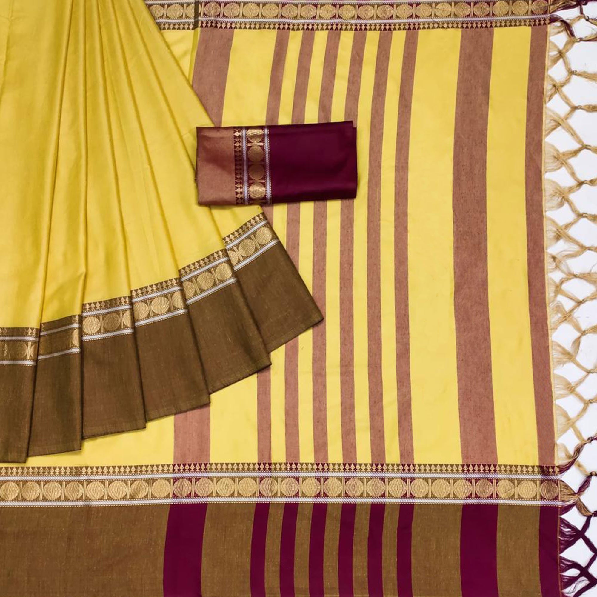 Yellow Woven Cotton Silk Saree With Tassels