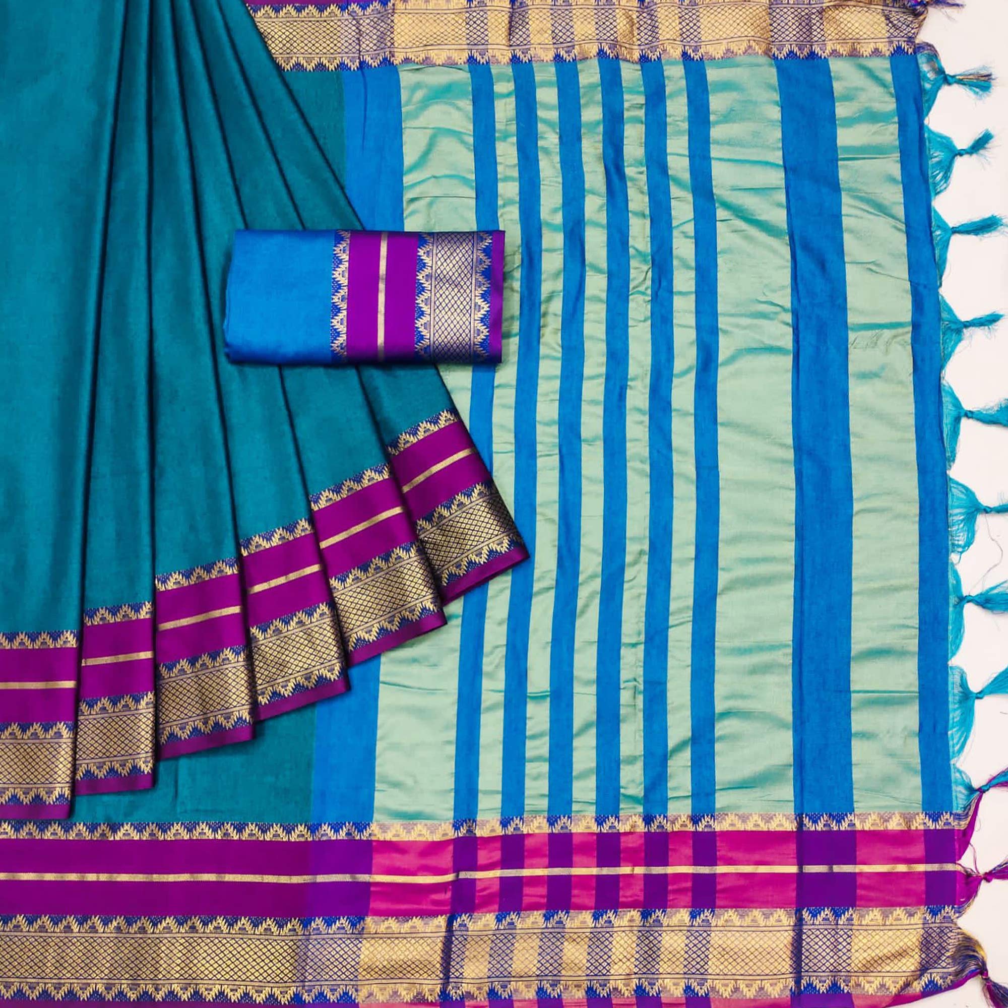 Blue Woven Cotton Silk Saree With Tassels