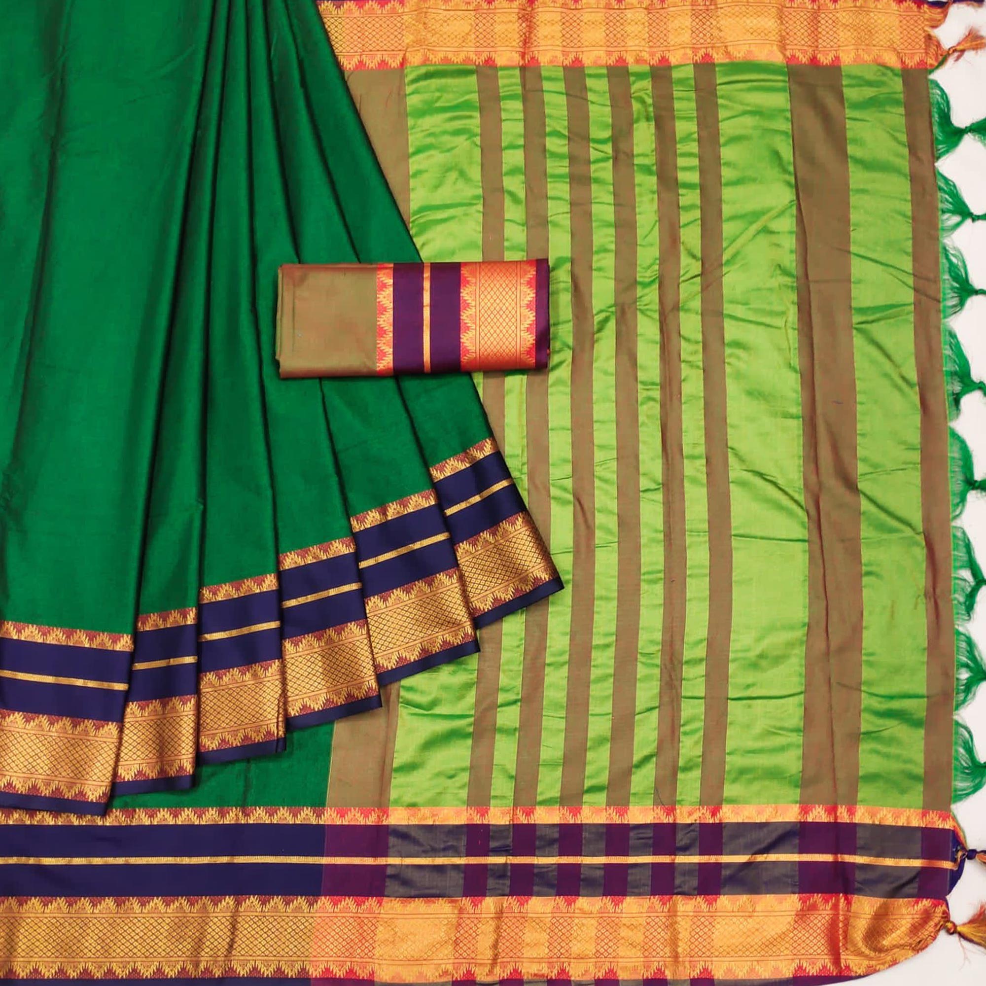 Green Woven Cotton Silk Saree With Tassels