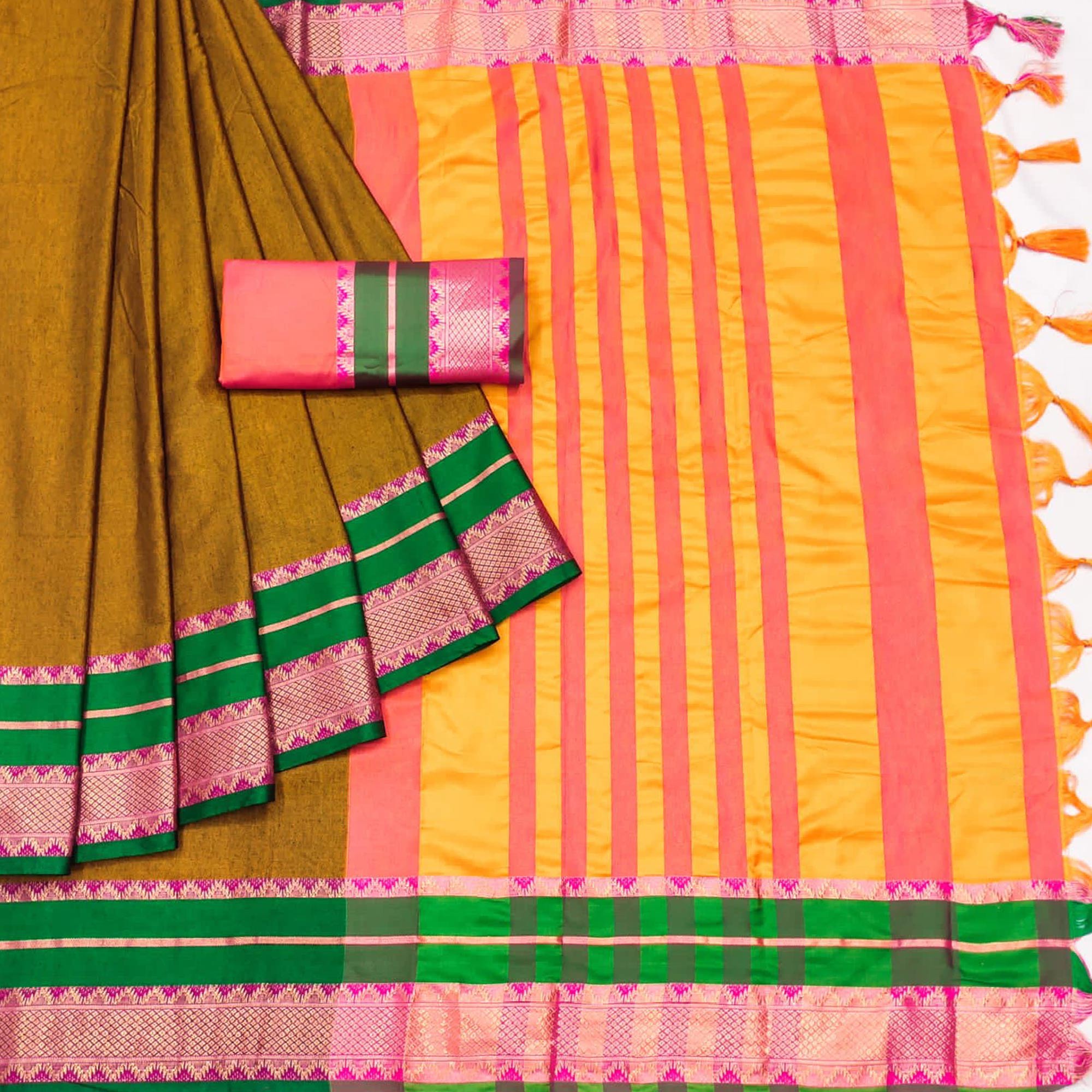 Mustard Woven Cotton Silk Saree With Tassels