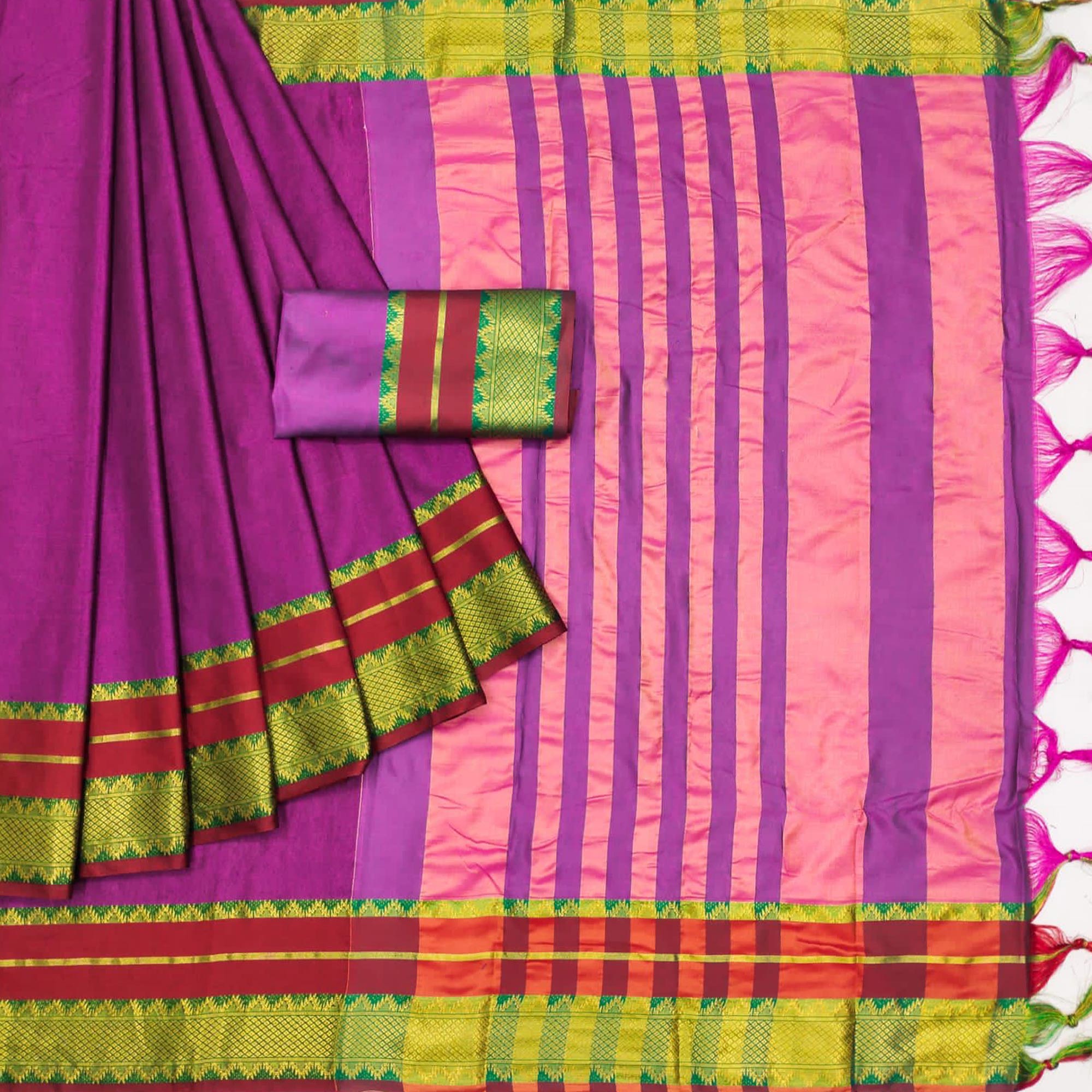 Rani Pink Woven Cotton Silk Saree With Tassels