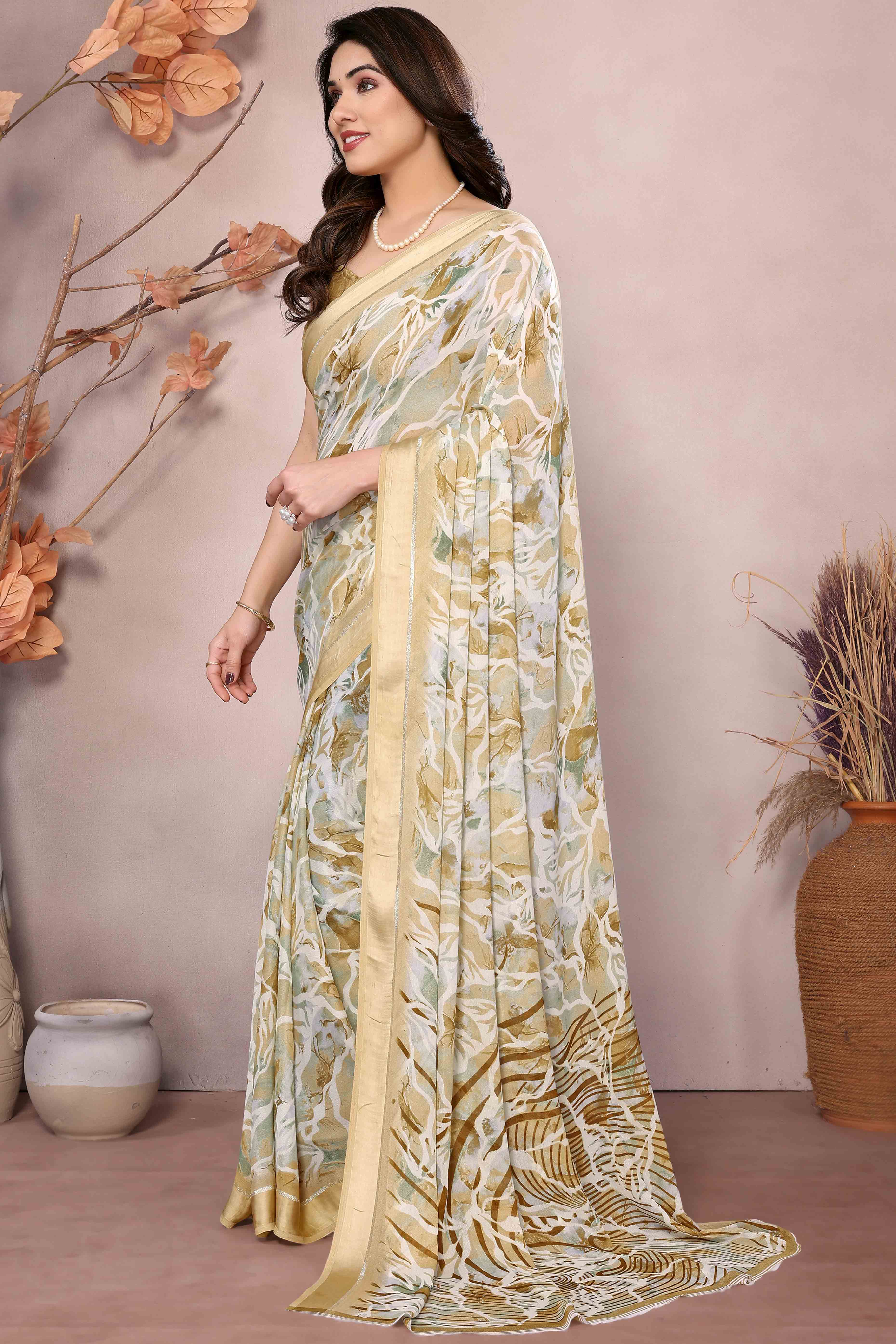 Beige Floral Printed Satin Saree