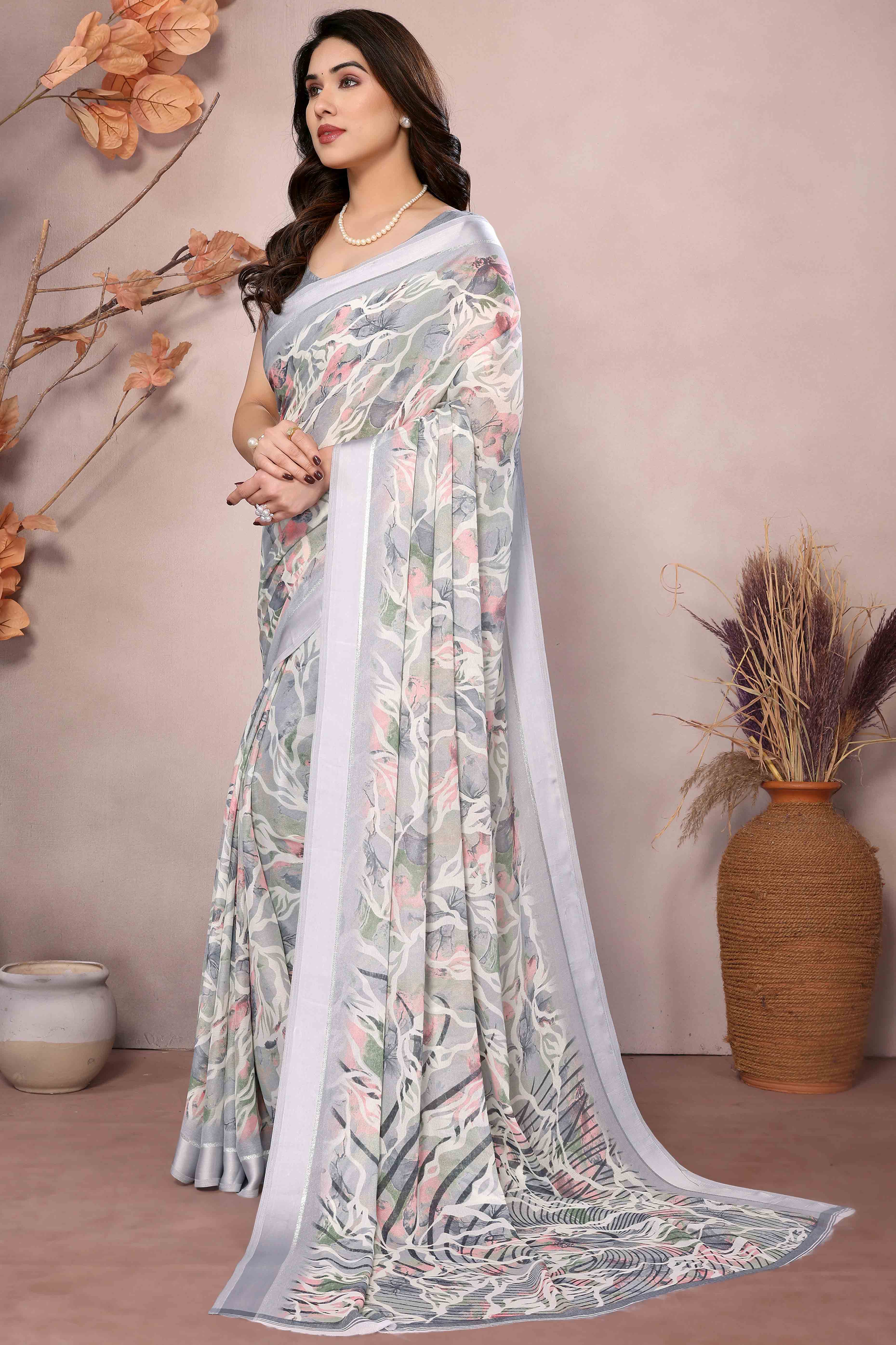 Grey Floral Printed Satin Saree