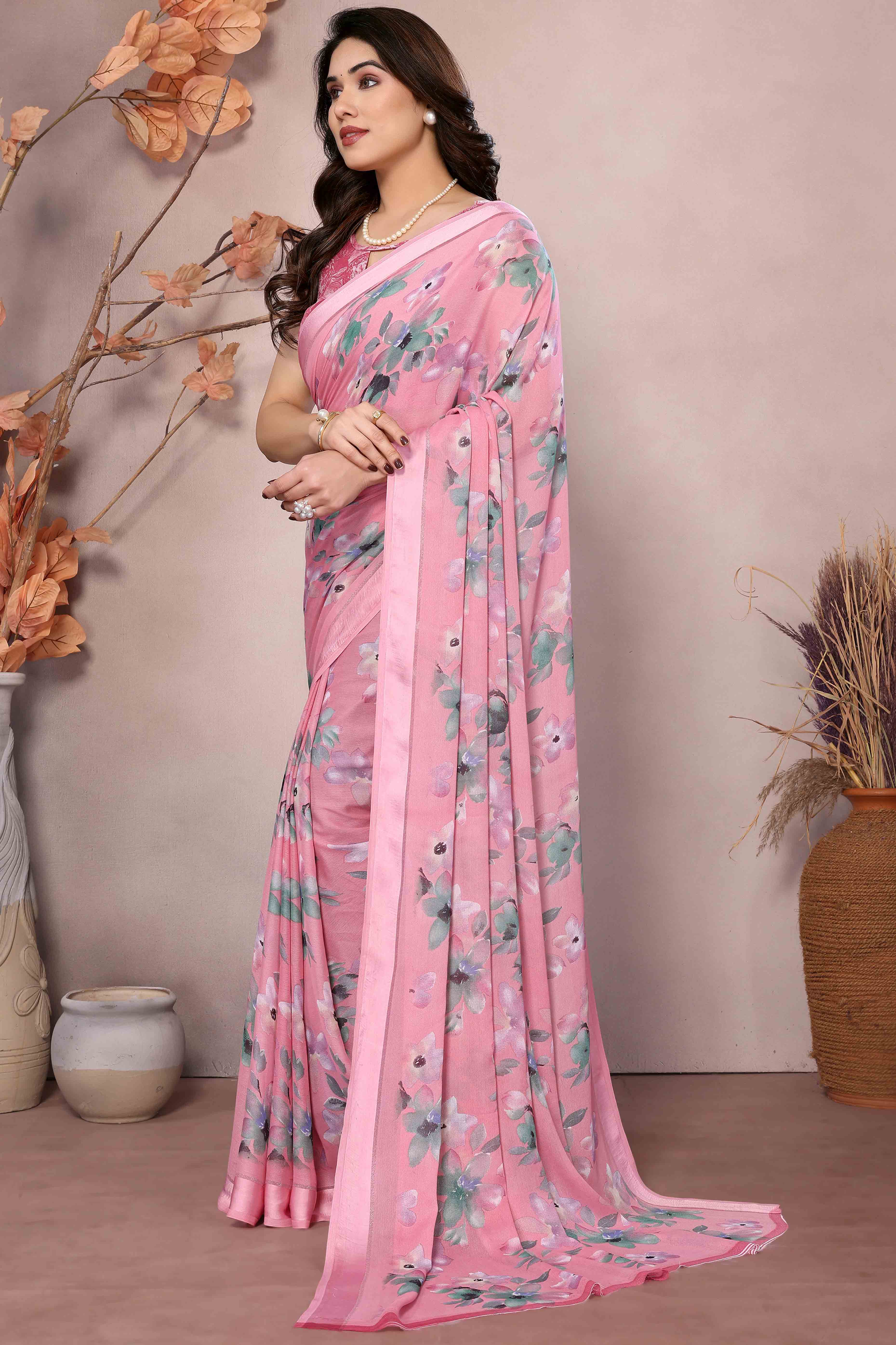 Pink Floral Printed Satin Saree