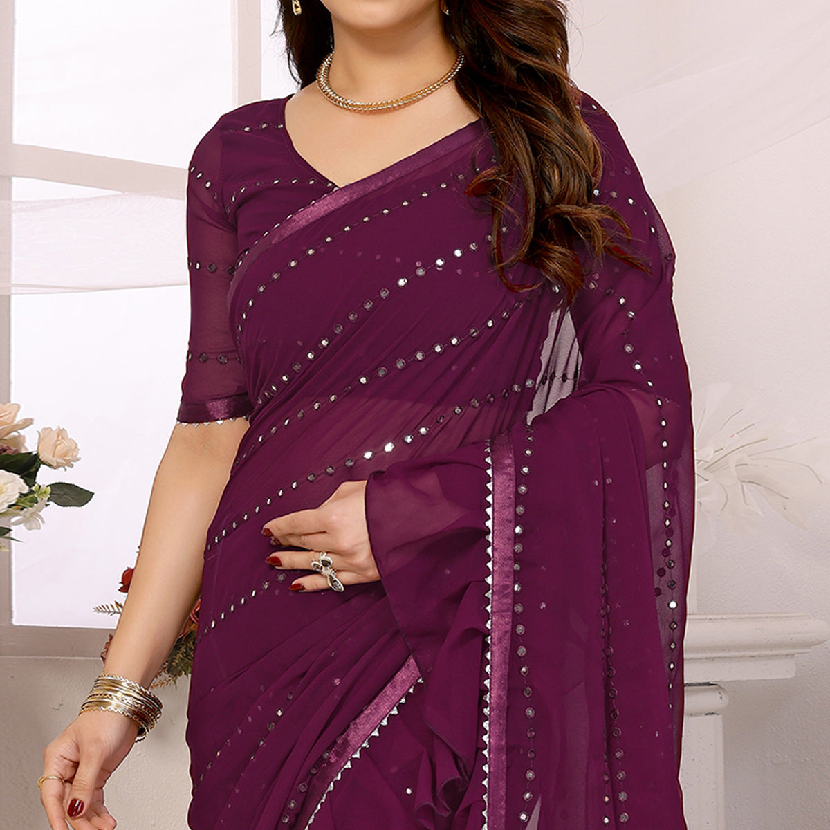 Wine Mirror Work Embroidered Georgette Saree With Ruffle Border