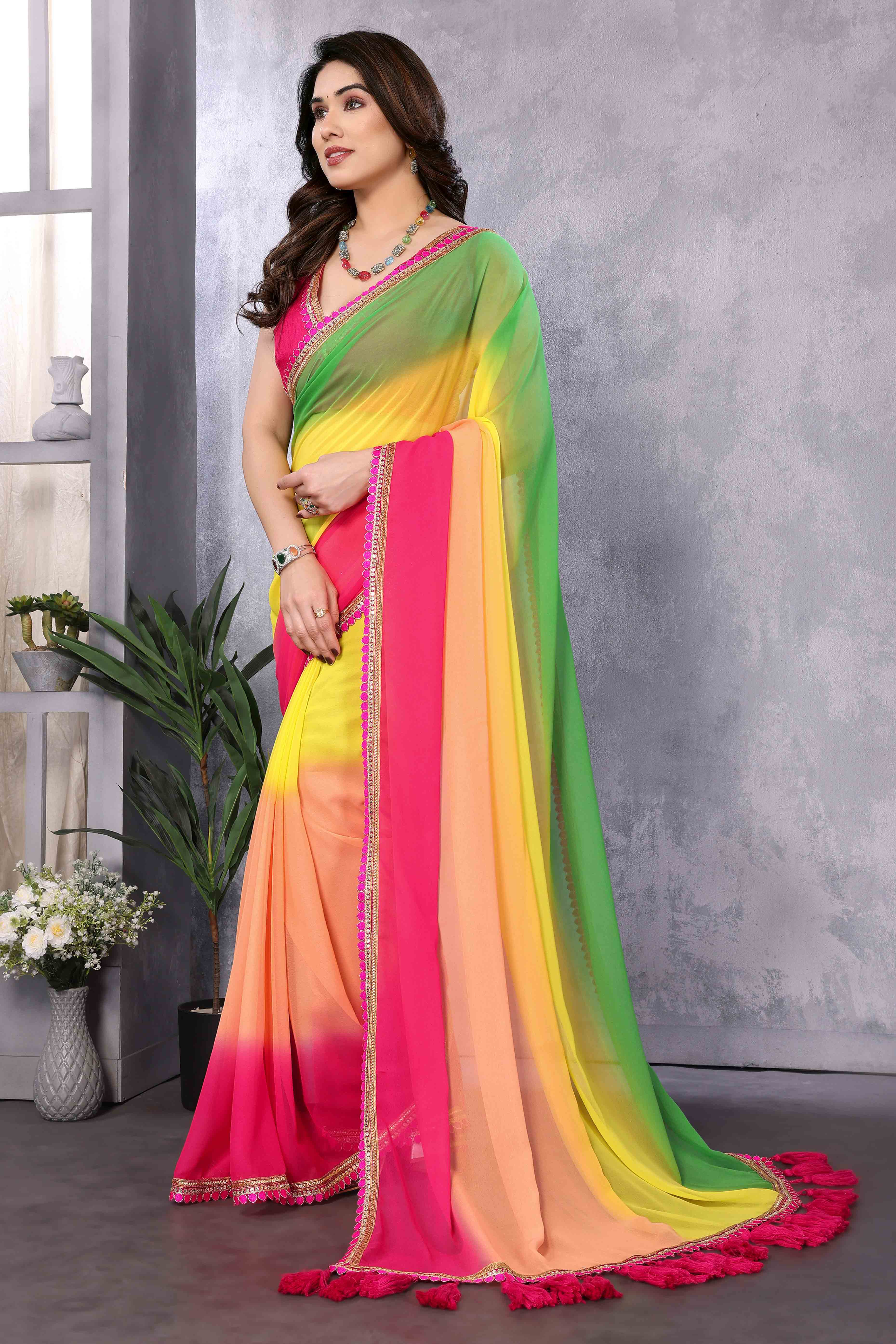 Multicolor Ombre Georgette Saree With Tassels