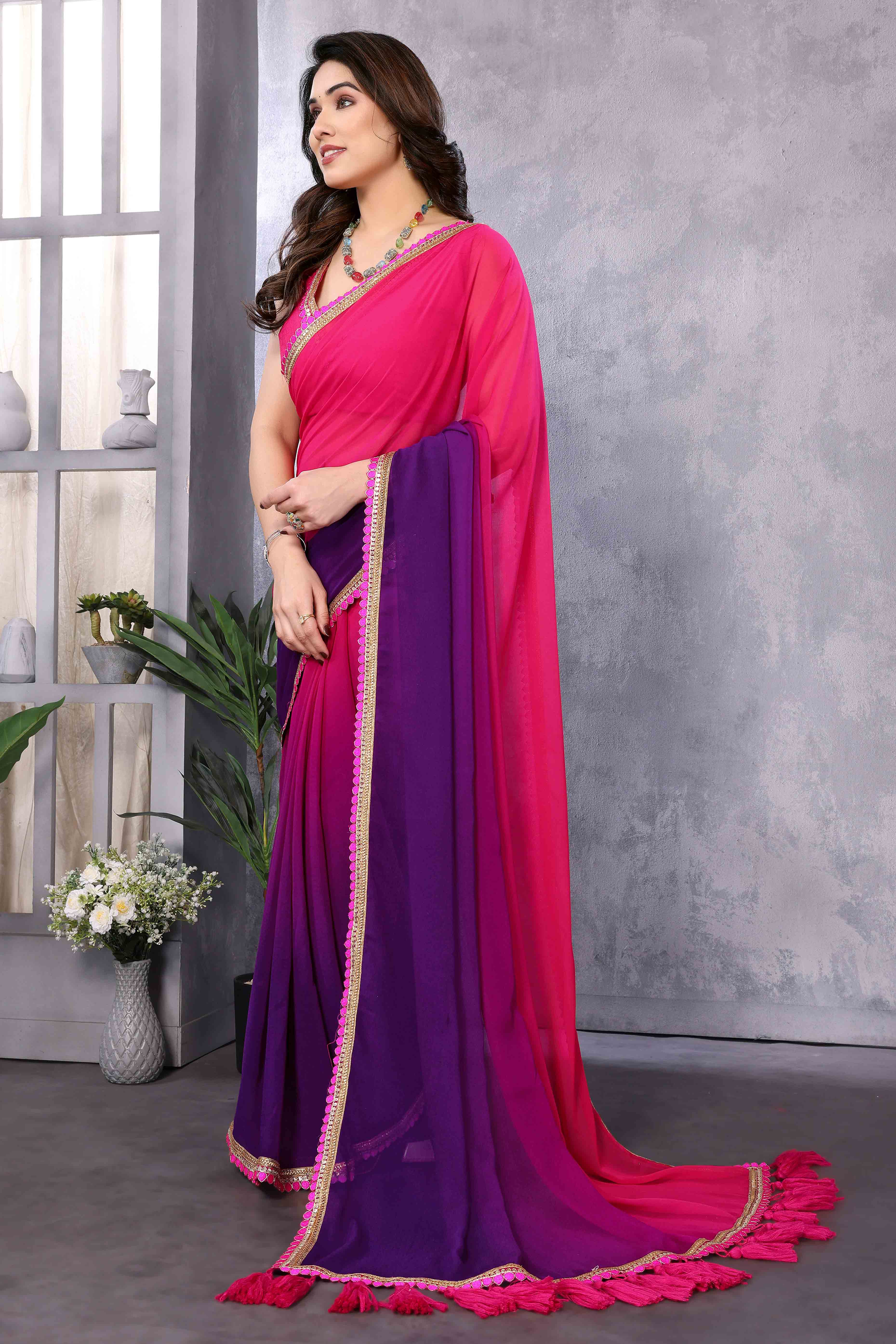 Pink & Purple Ombre Georgette Saree With Tassels