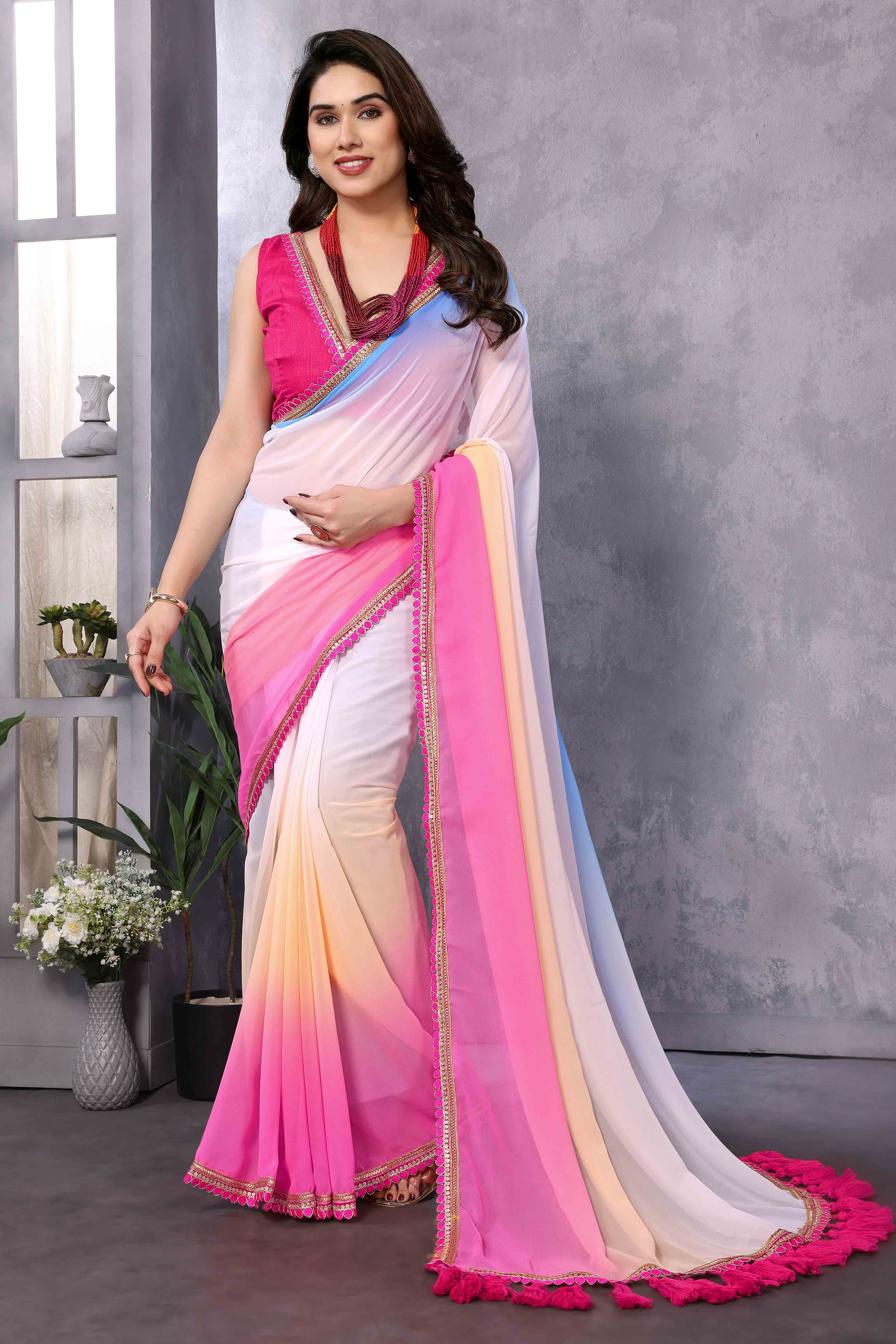 White & Pink Ombre Georgette Saree With Tassels