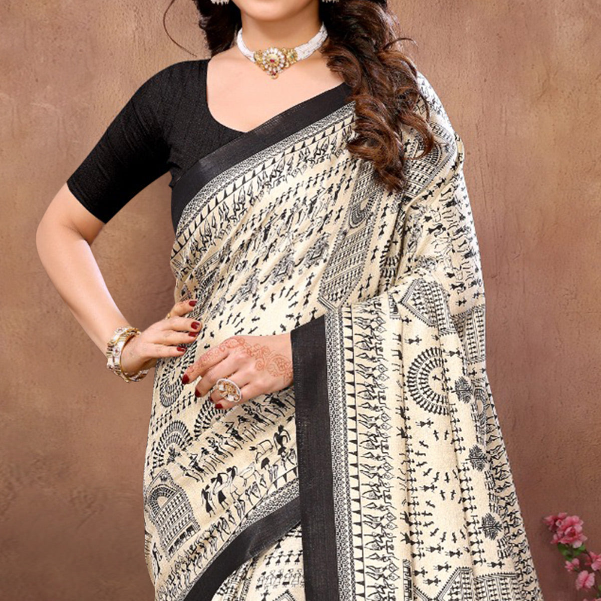 Off White & Black Warli Printed Khaadi Saree