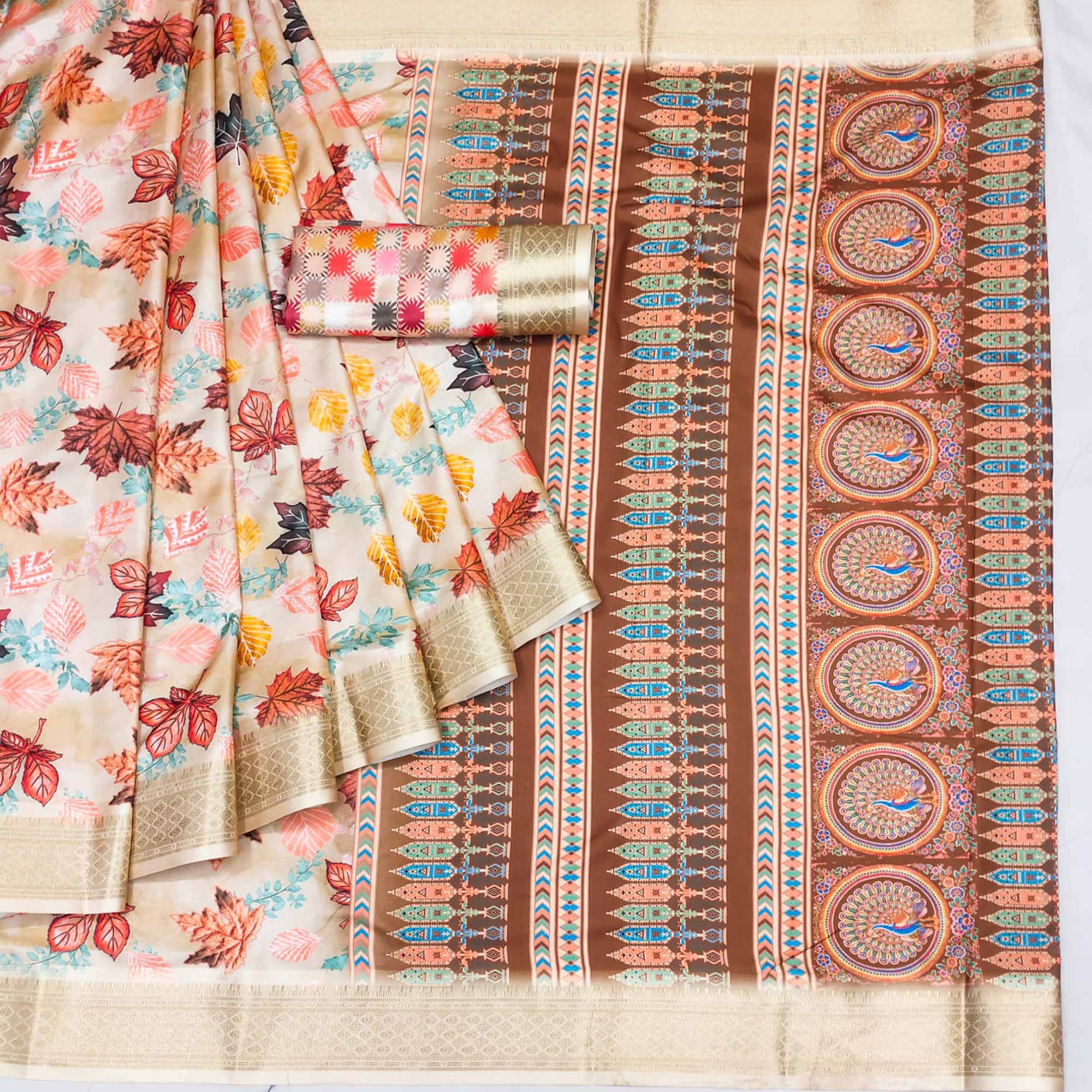 Chikoo Digital Printed Cotton Silk Saree With Jacquard Border