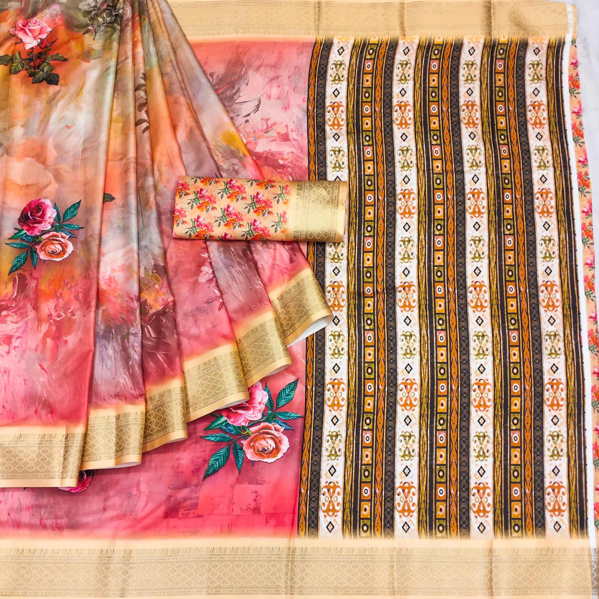 Cream & Peach Digital Printed Cotton Silk Saree With Jacquard Border