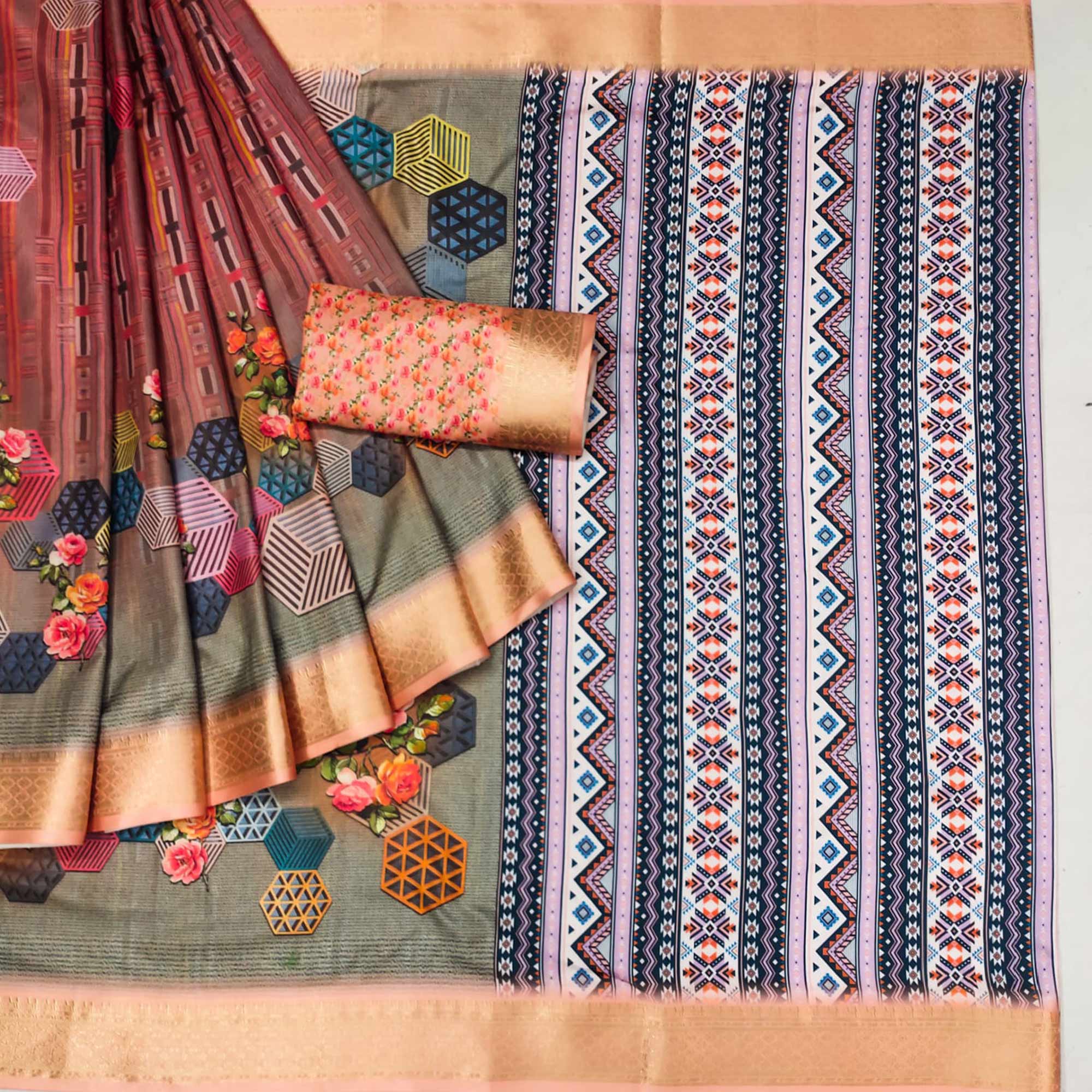 Green & Peach Digital Printed Cotton Silk Saree With Jacquard Border