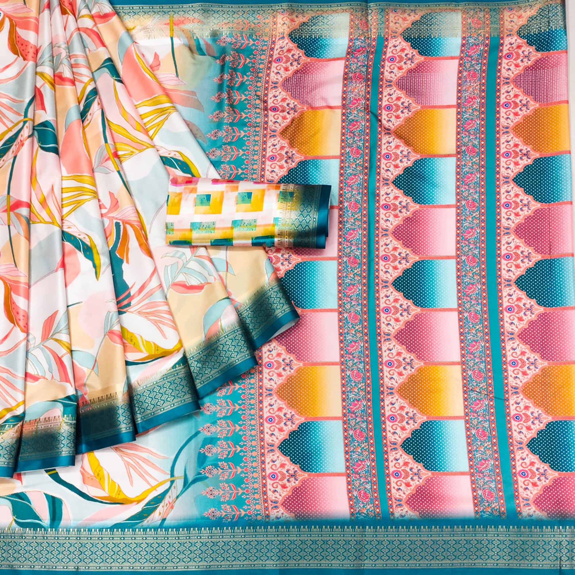 Multicolor Digital Printed Cotton Silk Saree With Jacquard Border
