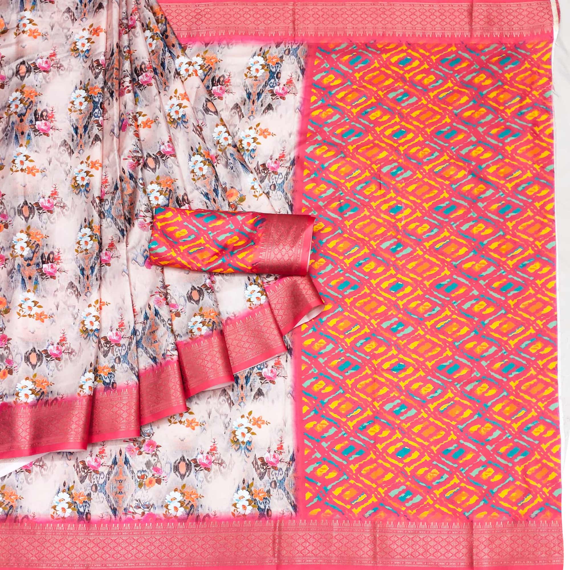 Pink Digital Printed Cotton Silk Saree With Jacquard Border