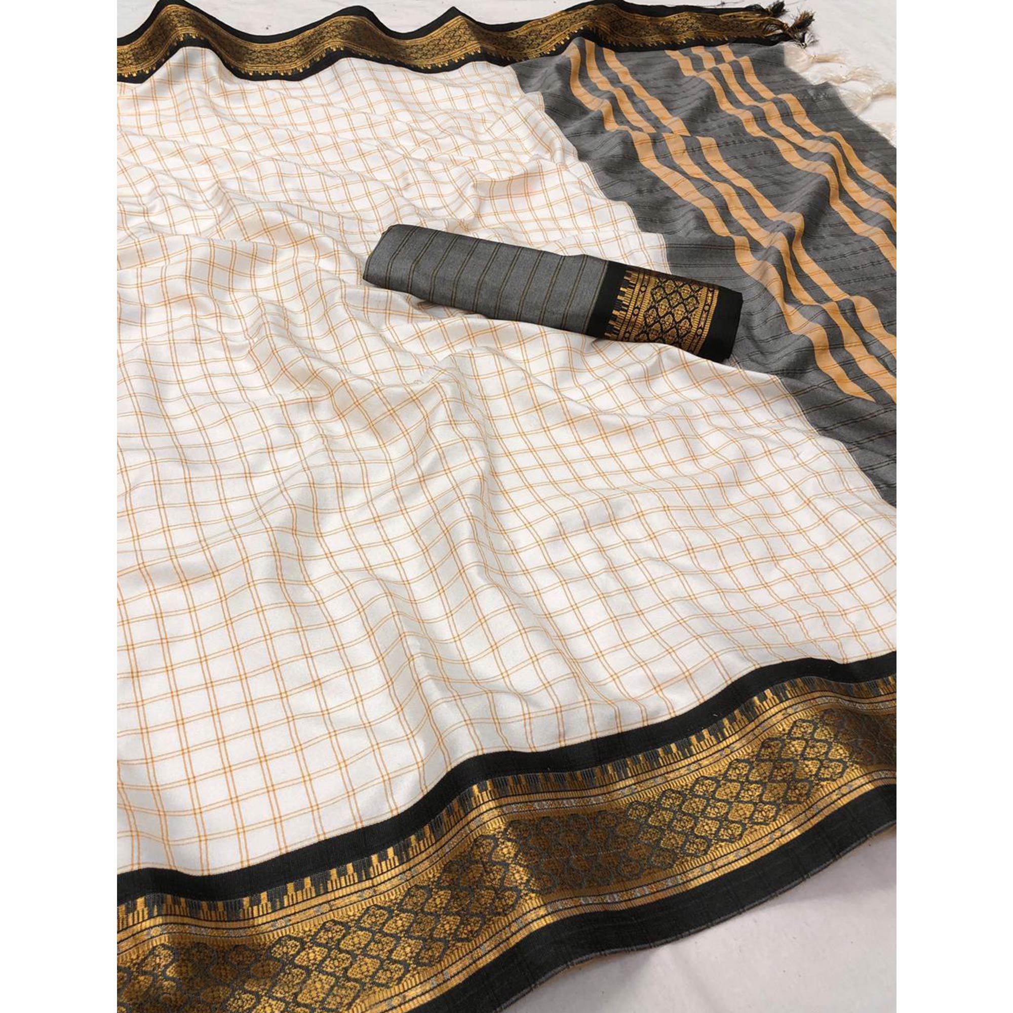 White & Black Checks With Woven Border Cotton Silk Saree