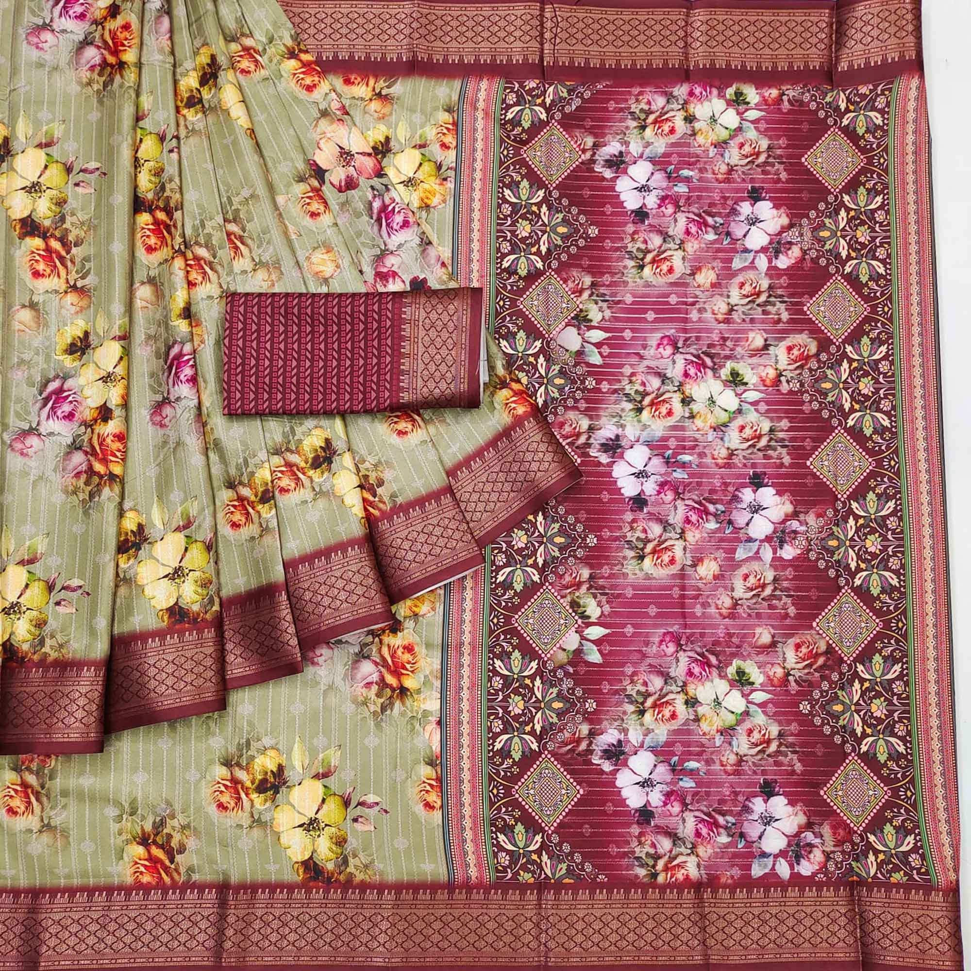 Chikoo Floral Digital Printed Cotton Silk Saree With Woven Border