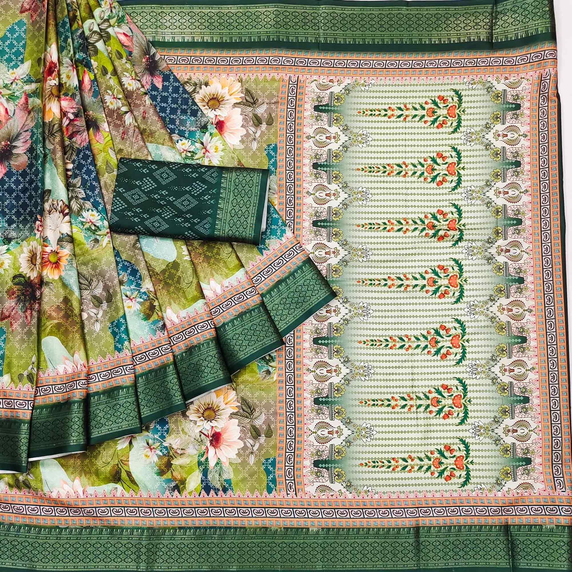 Green Floral Digital Printed Cotton Silk Saree With Woven Border