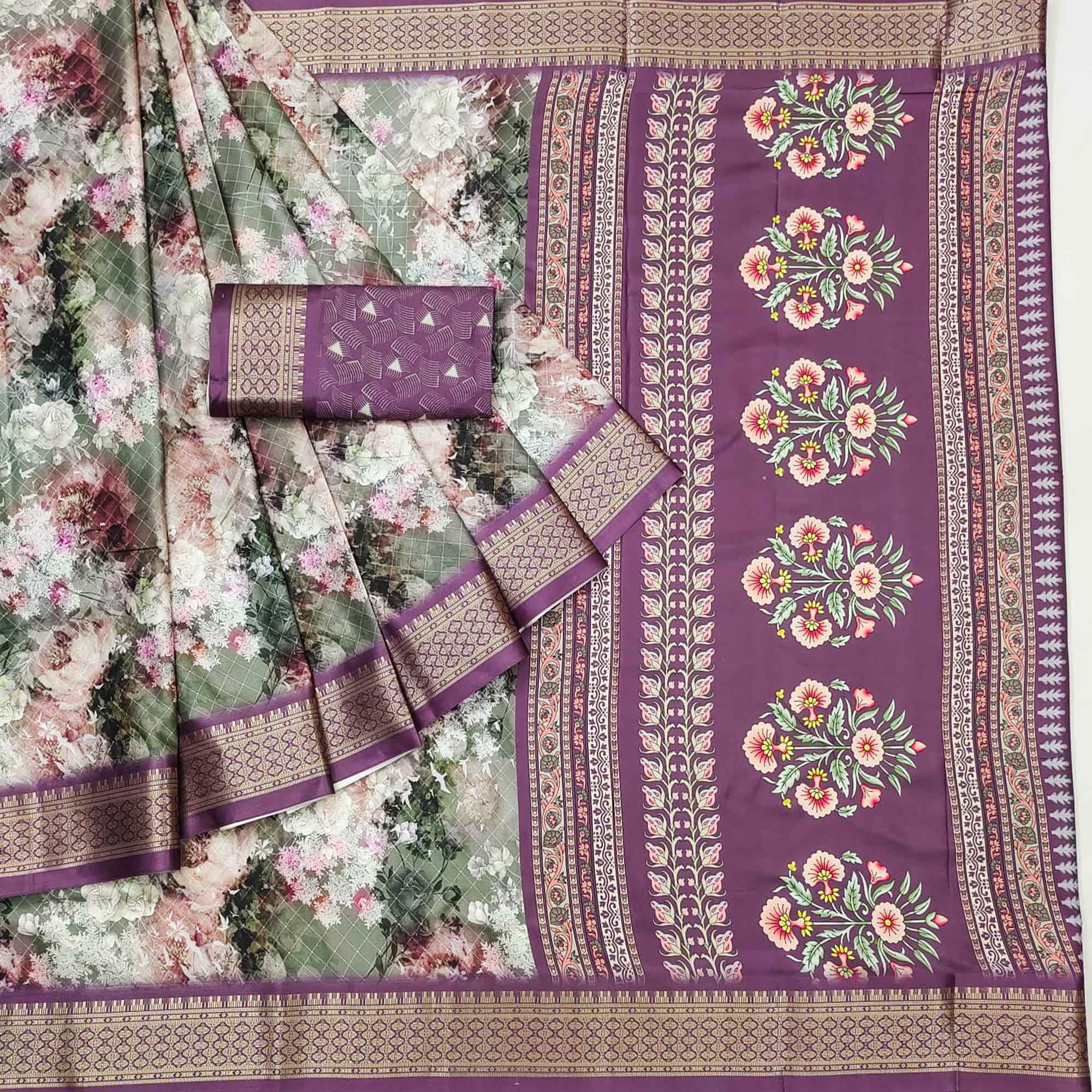 Grey Floral Digital Printed Cotton Silk Saree With Woven Border