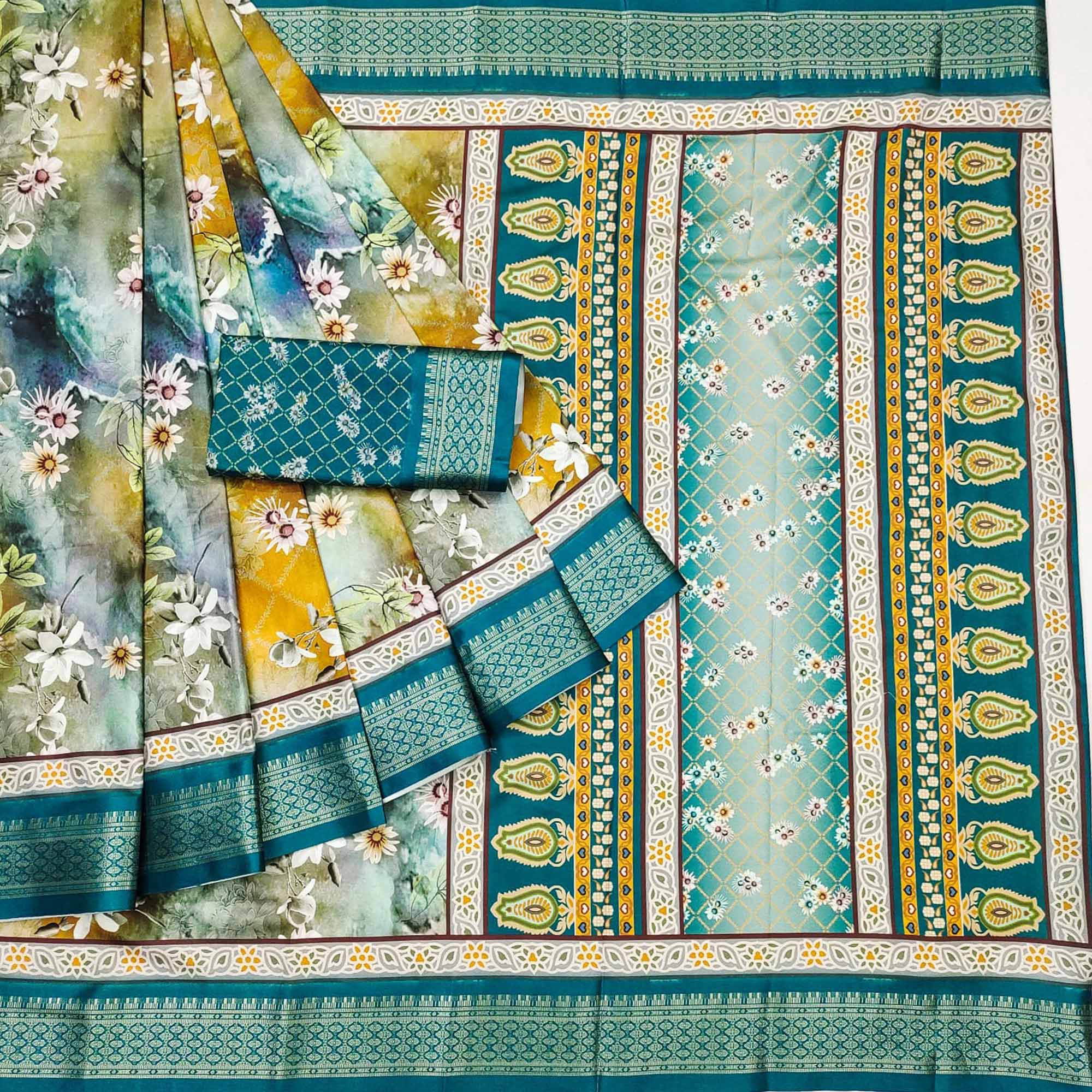 Morpich & Mustard Floral Digital Printed Cotton Silk Saree With Woven Border