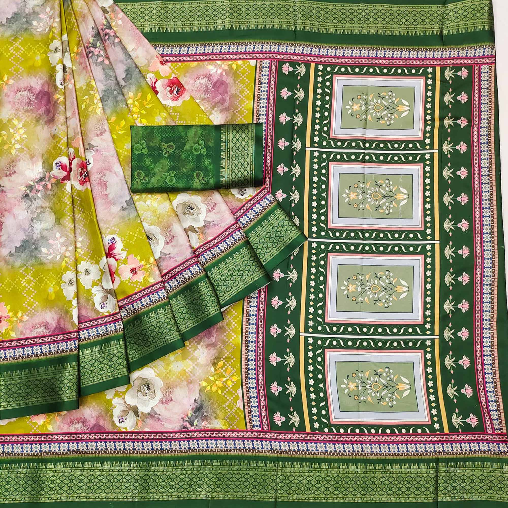 Olive Green Floral Digital Printed Cotton Silk Saree With Woven Border