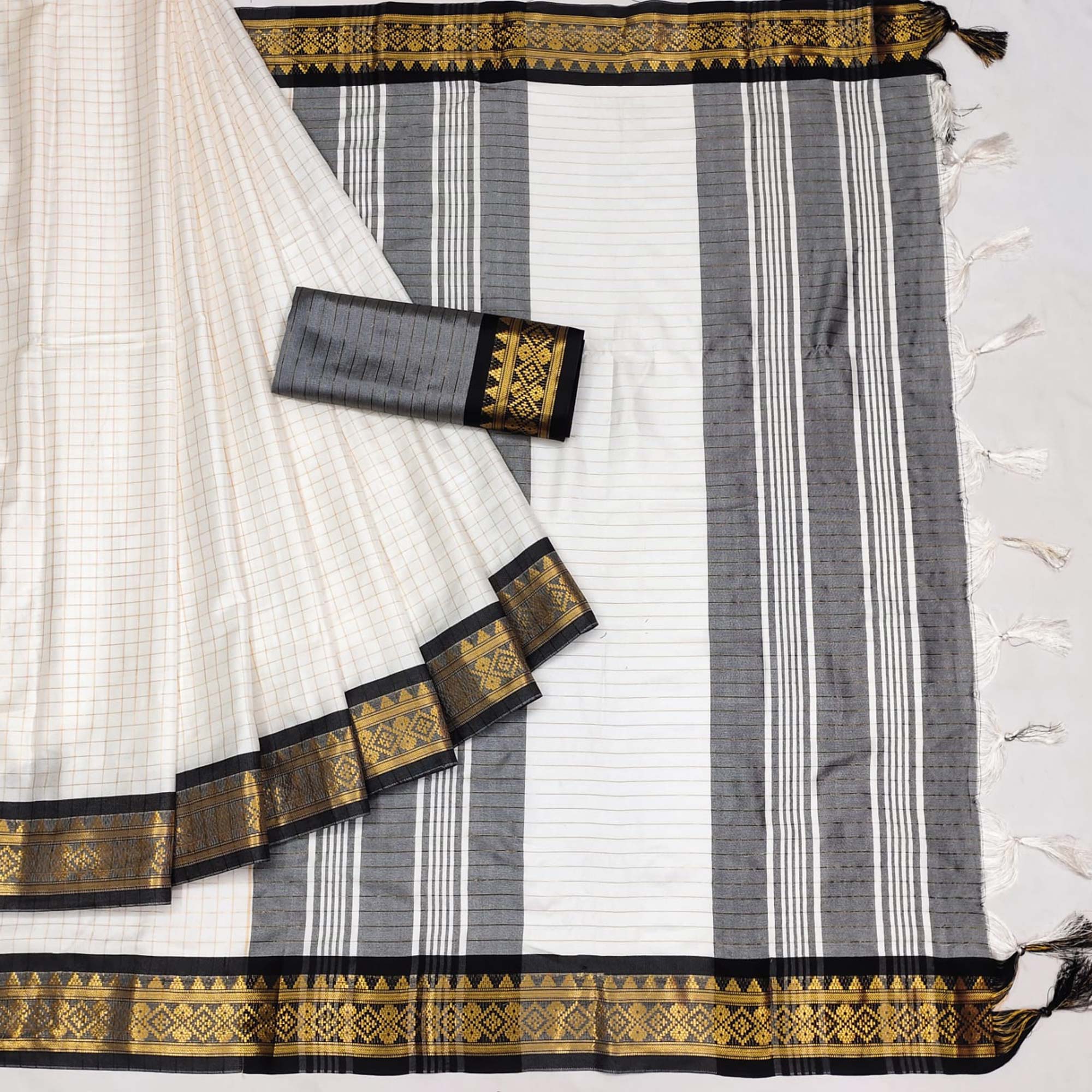 White & Black Checks With Woven Border Cotton Silk Saree