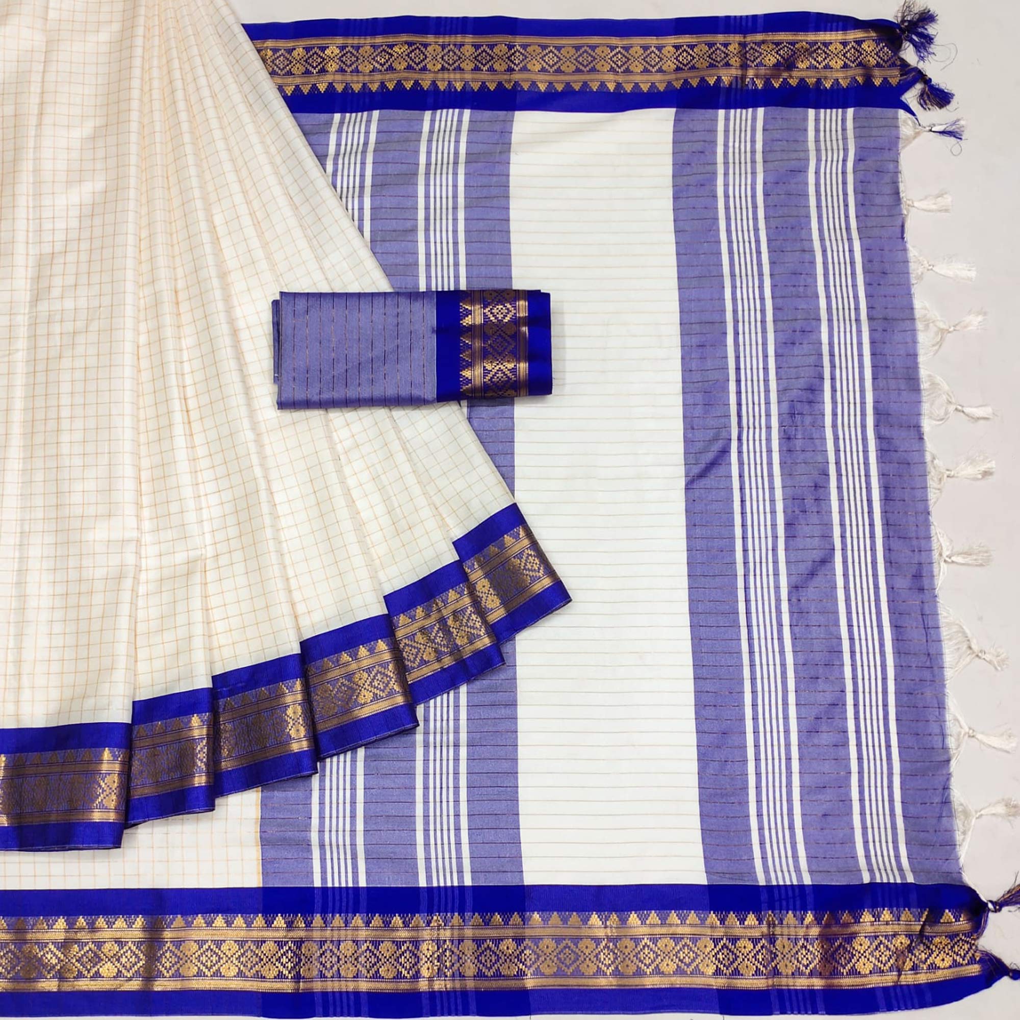 White & Blue Checks With Woven Border Cotton Silk Saree