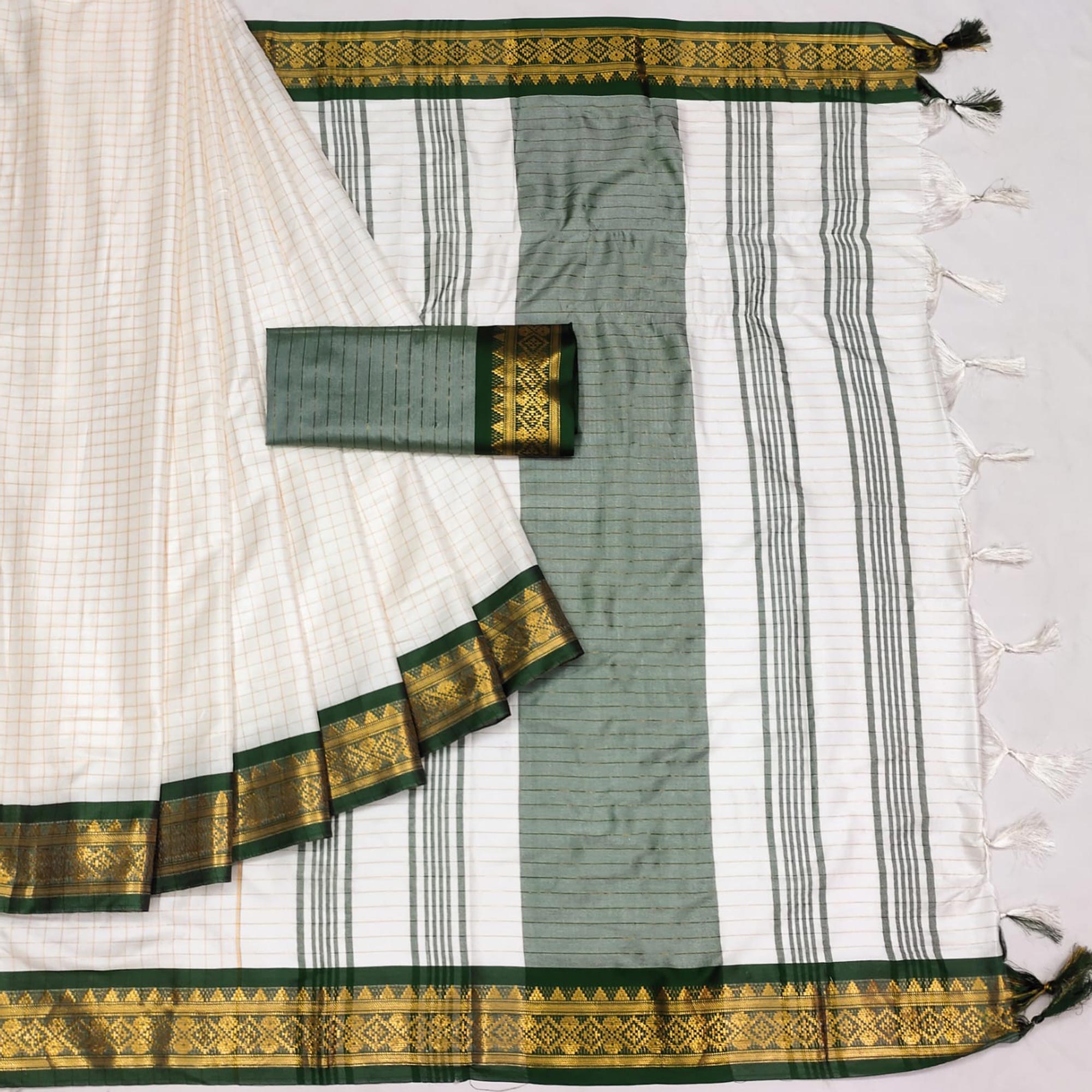 White & Green Checks With Woven Border Cotton Silk Saree