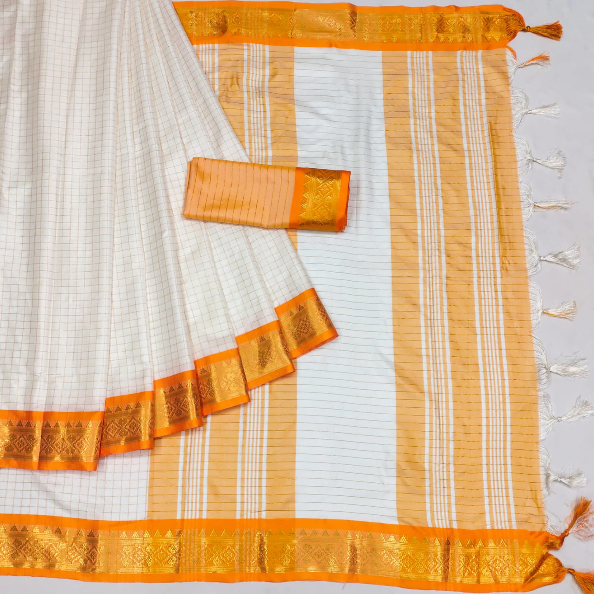 White & Orange Checks With Woven Border Cotton Silk Saree