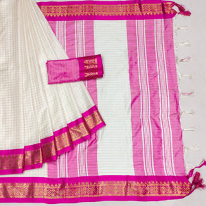 White & Pink Checks With Woven Border Cotton Silk Saree