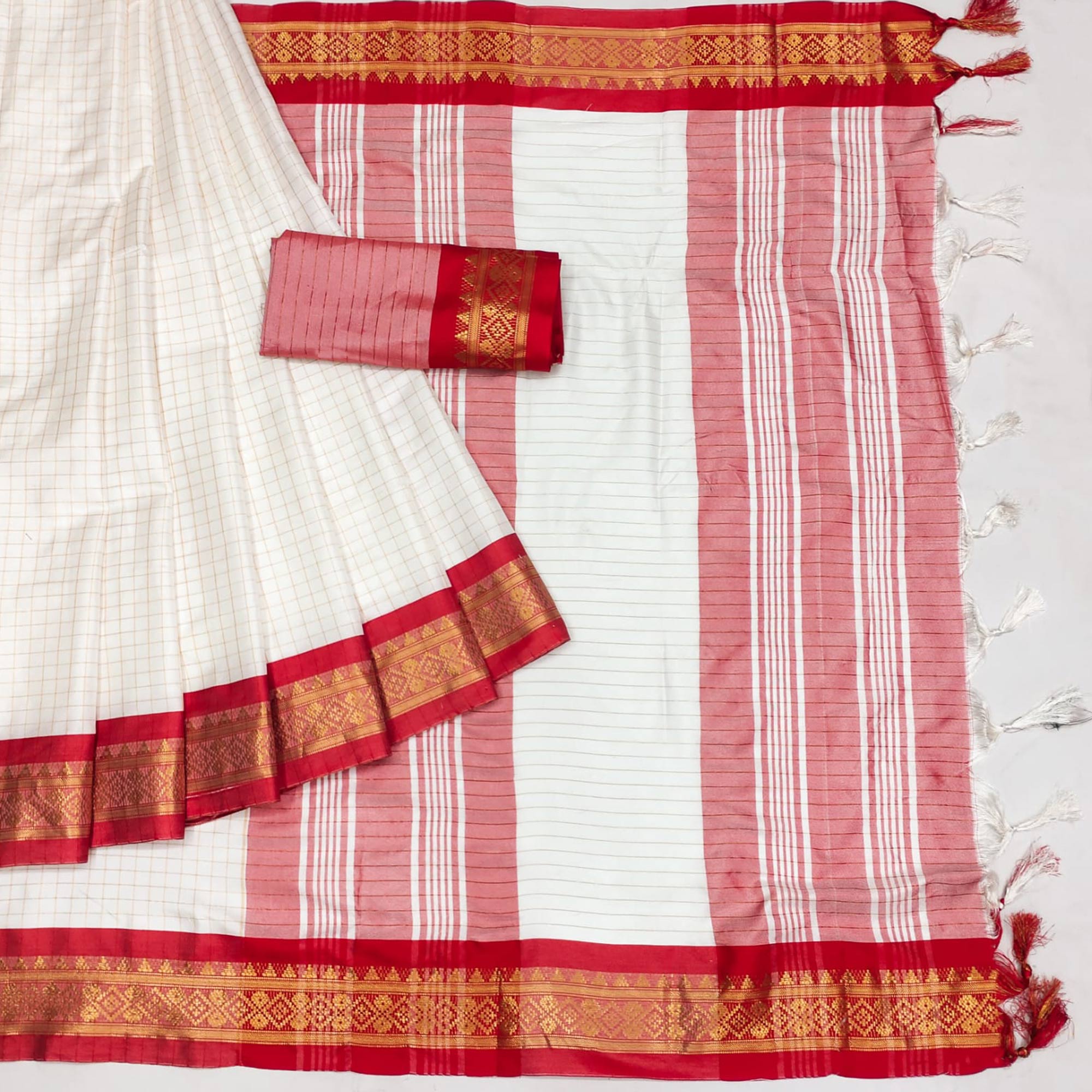 White & Red Checks With Woven Border Cotton Silk Saree