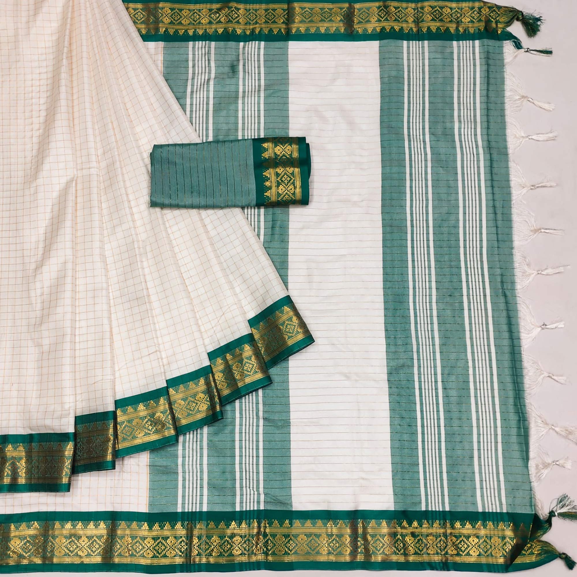 White & Rama Green Checks With Woven Border Cotton Silk Saree