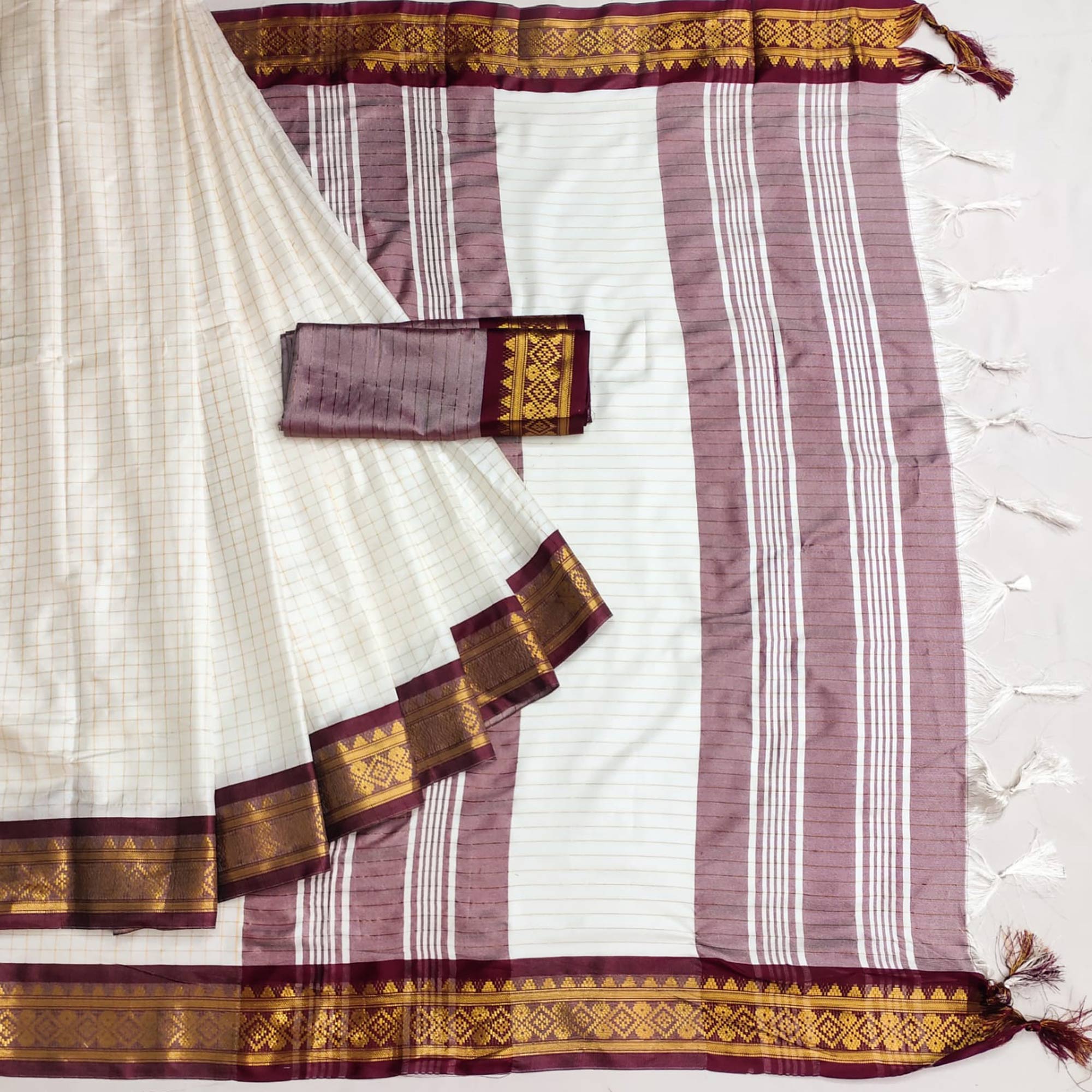 White & Wine Checks With Woven Border Cotton Silk Saree