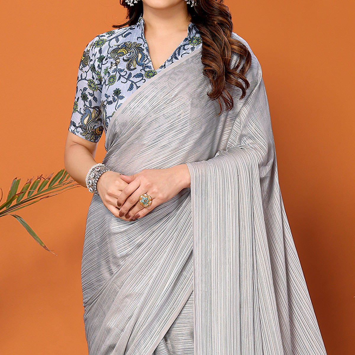 Grey Woven Satin Saree With Tassels