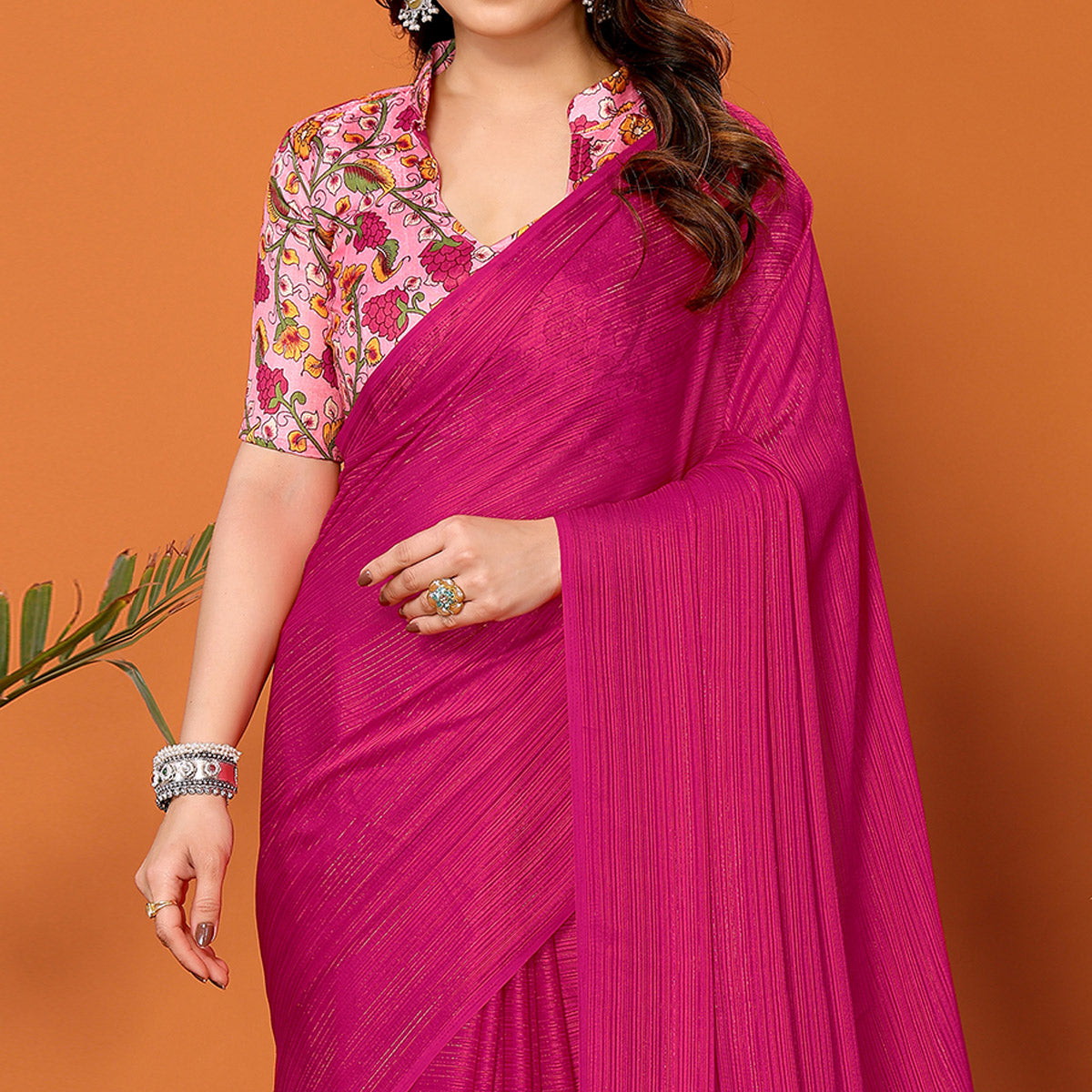 Magenta Woven Satin Saree With Tassels