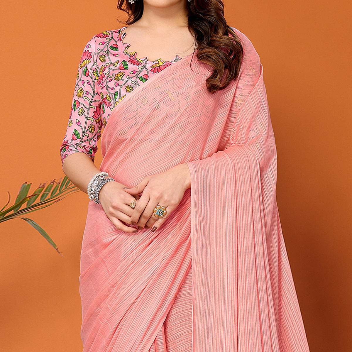 Peach Woven Satin Saree With Tassels