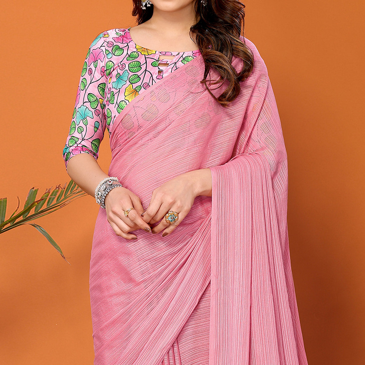 Rose Pink Woven Satin Saree With Tassels