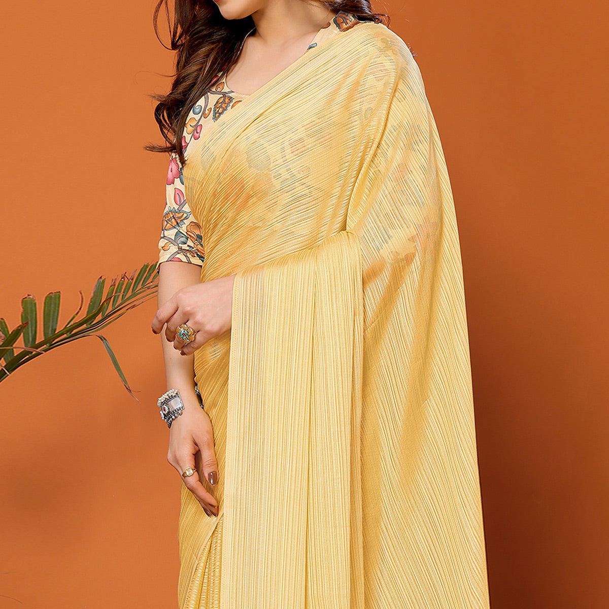 Yellow Woven Satin Saree With Tassels