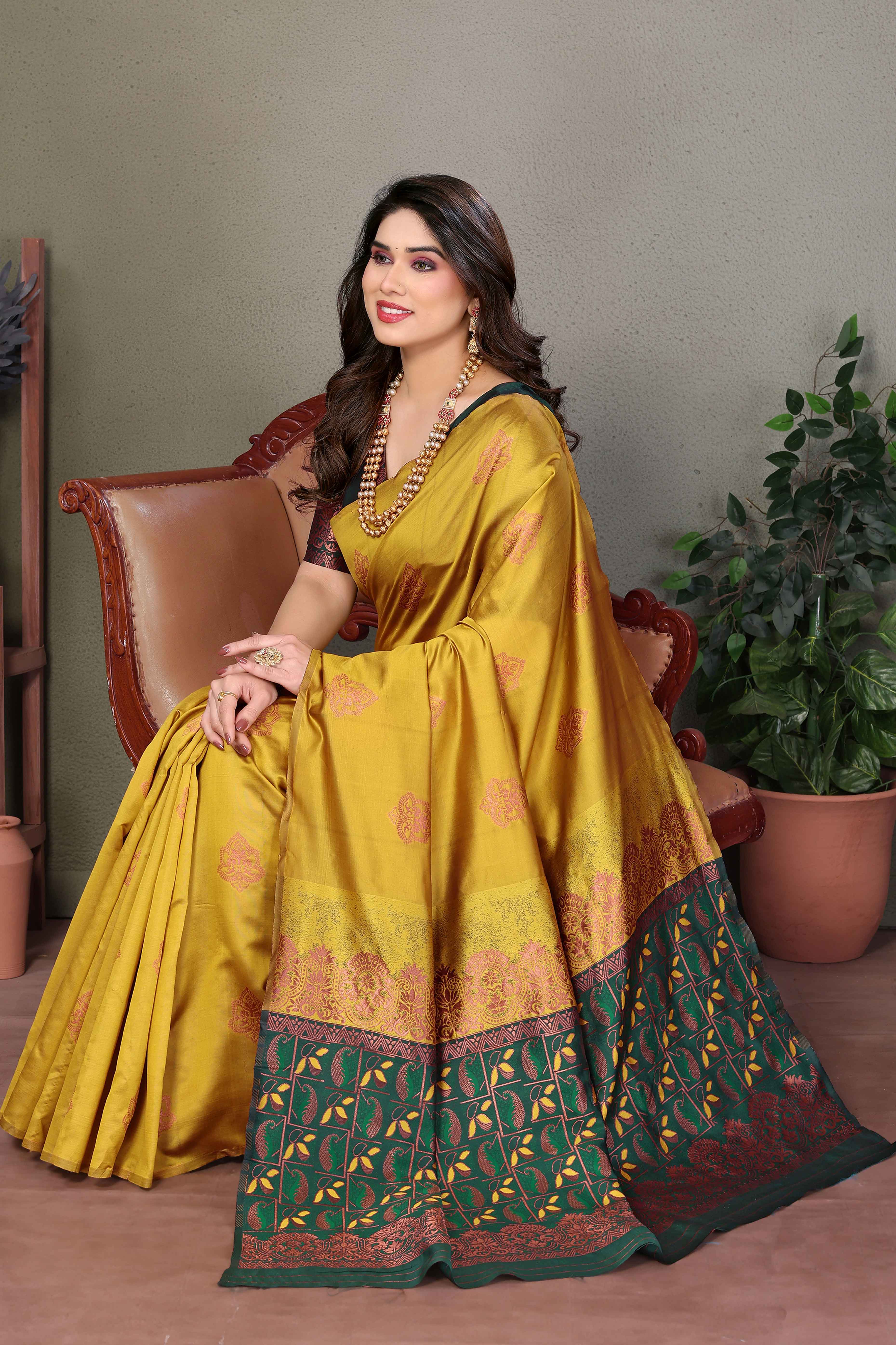 Mustard Floral Woven Banarasi Silk Saree