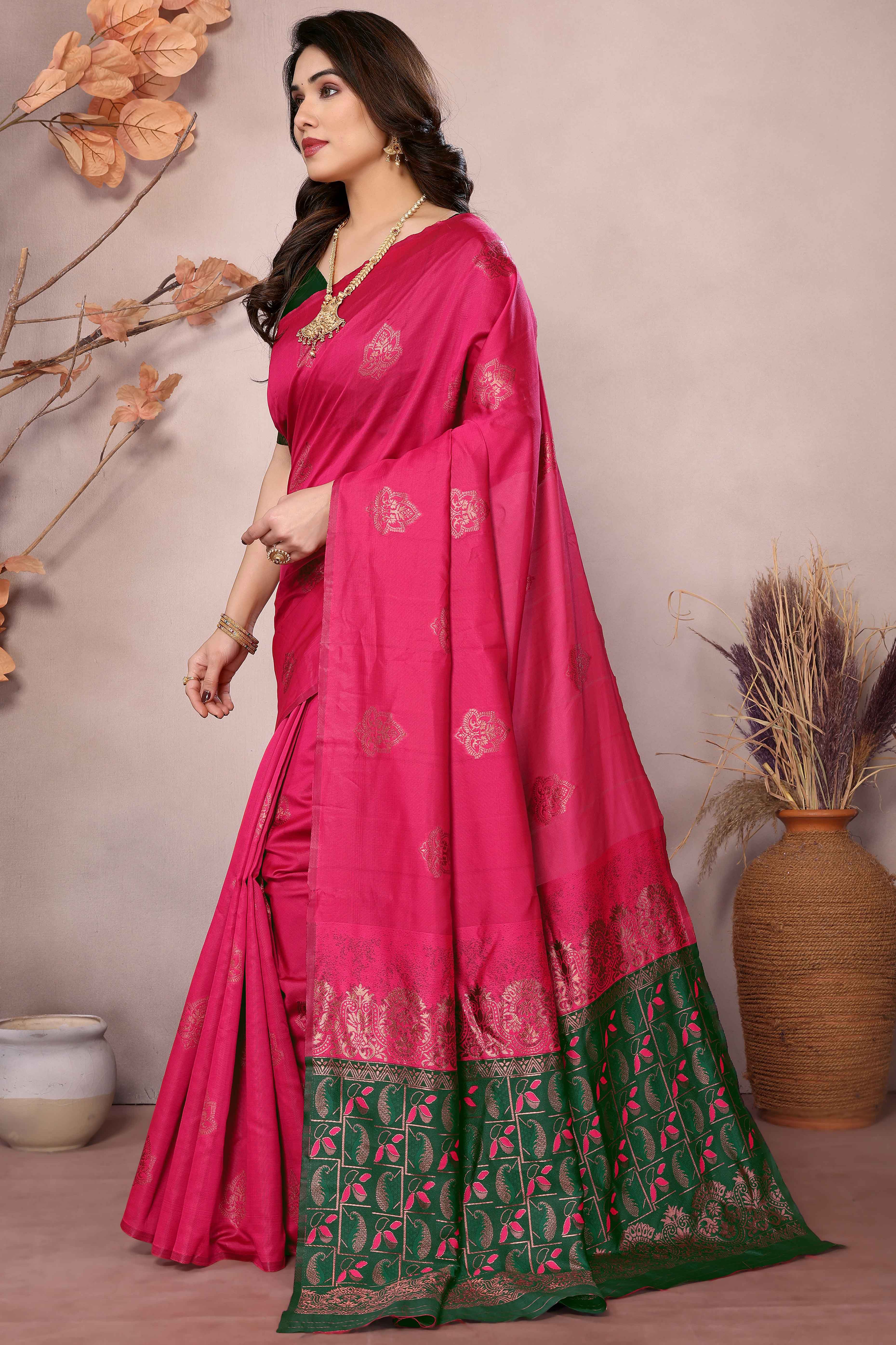 Pink Floral Woven Banarasi Silk Saree