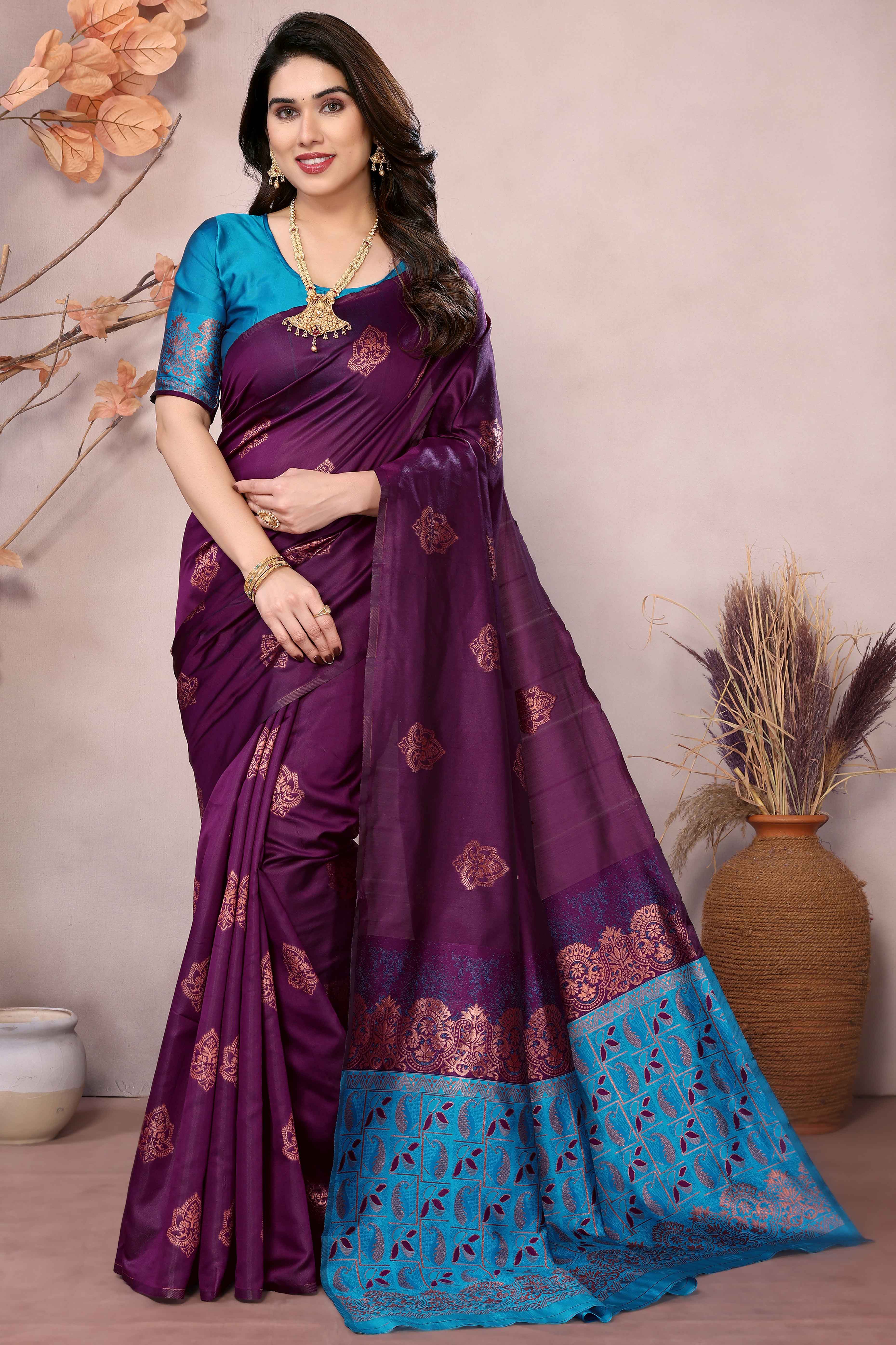 Purple Floral Woven Banarasi Silk Saree