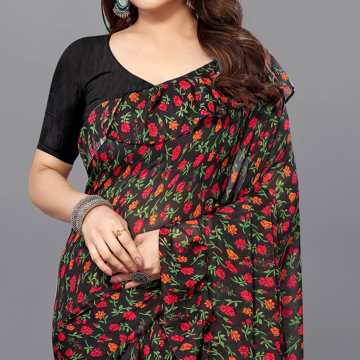 Black Floral Printed Georgette Saree