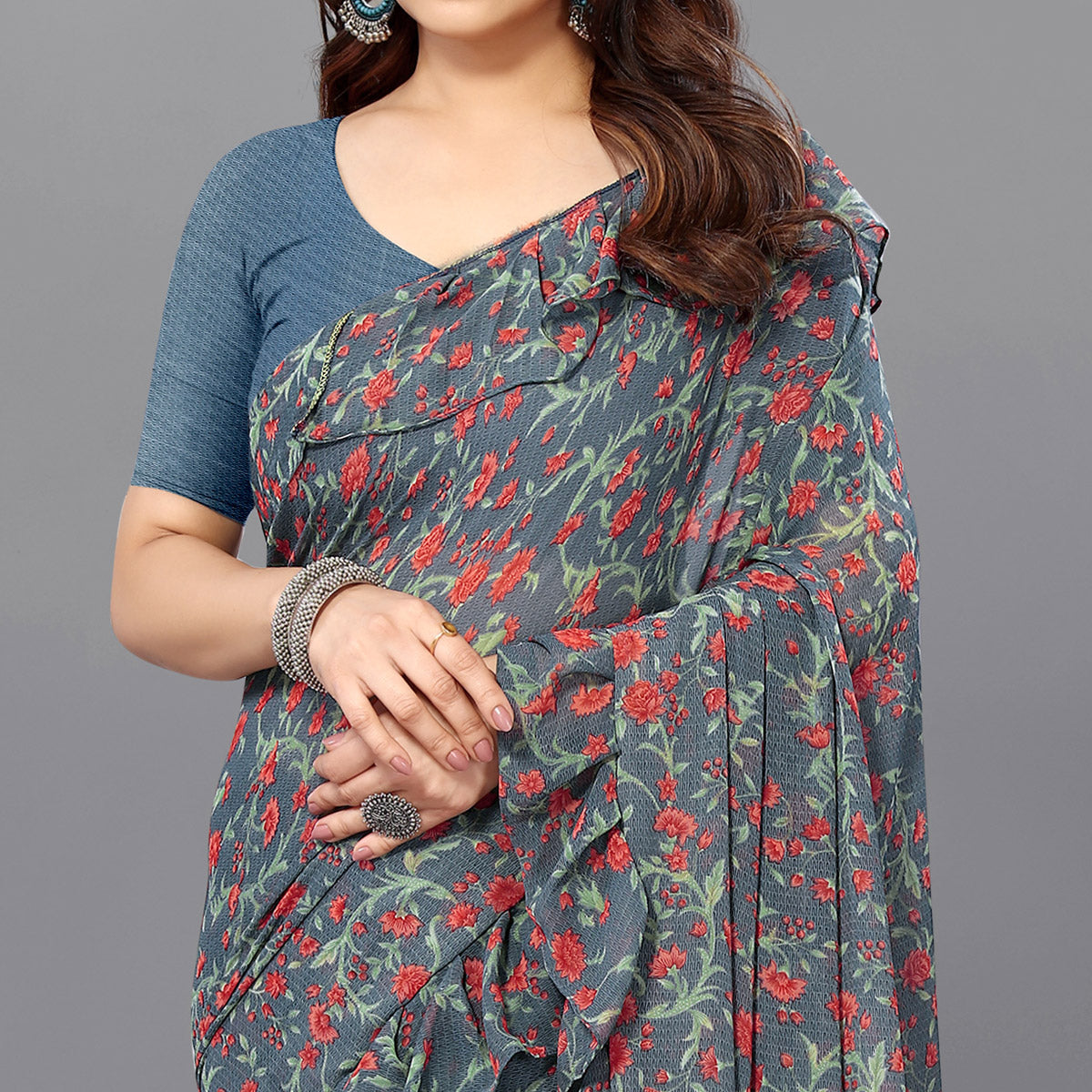 Grey Floral Printed Georgette Saree