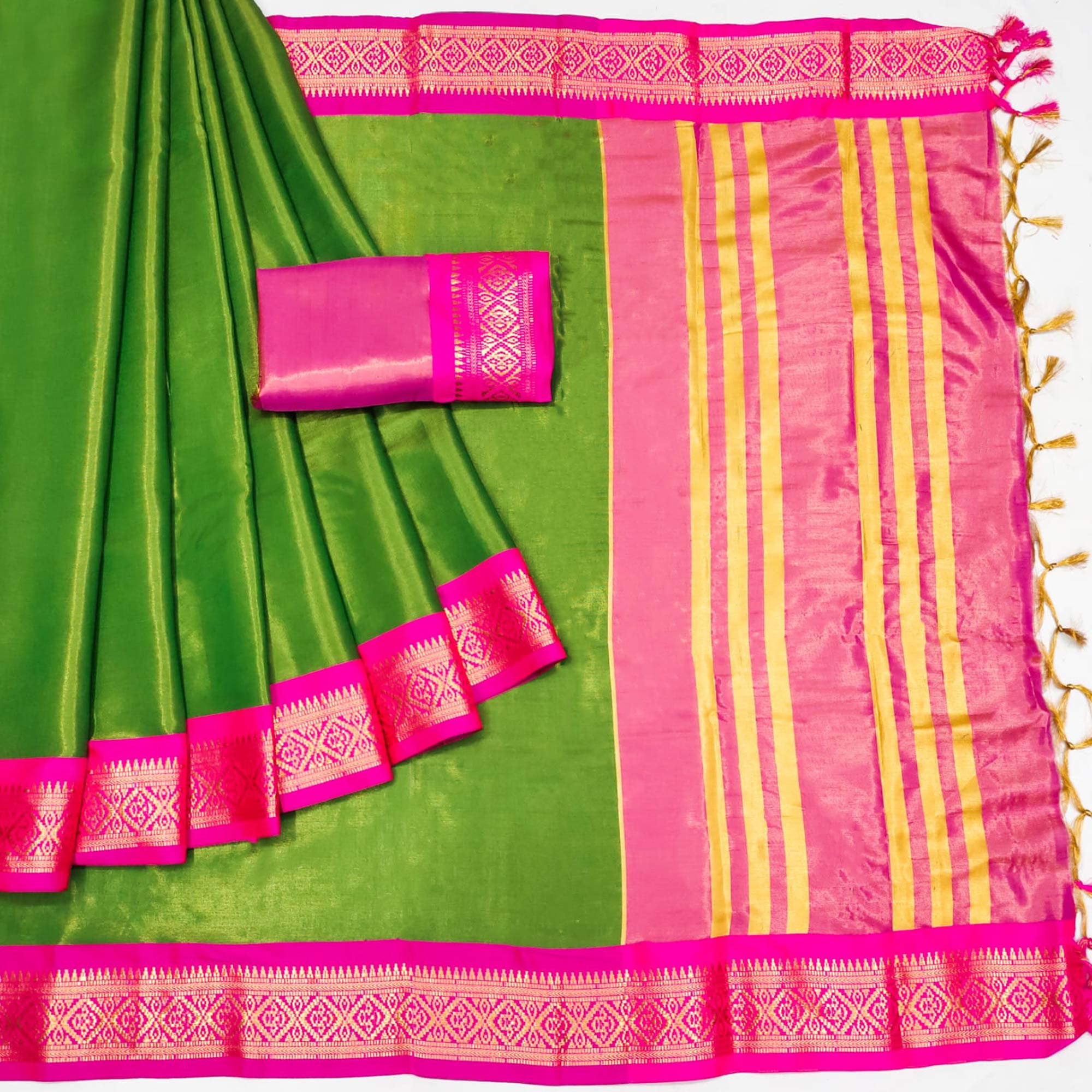 Parrot Green Woven Cotton Silk Saree