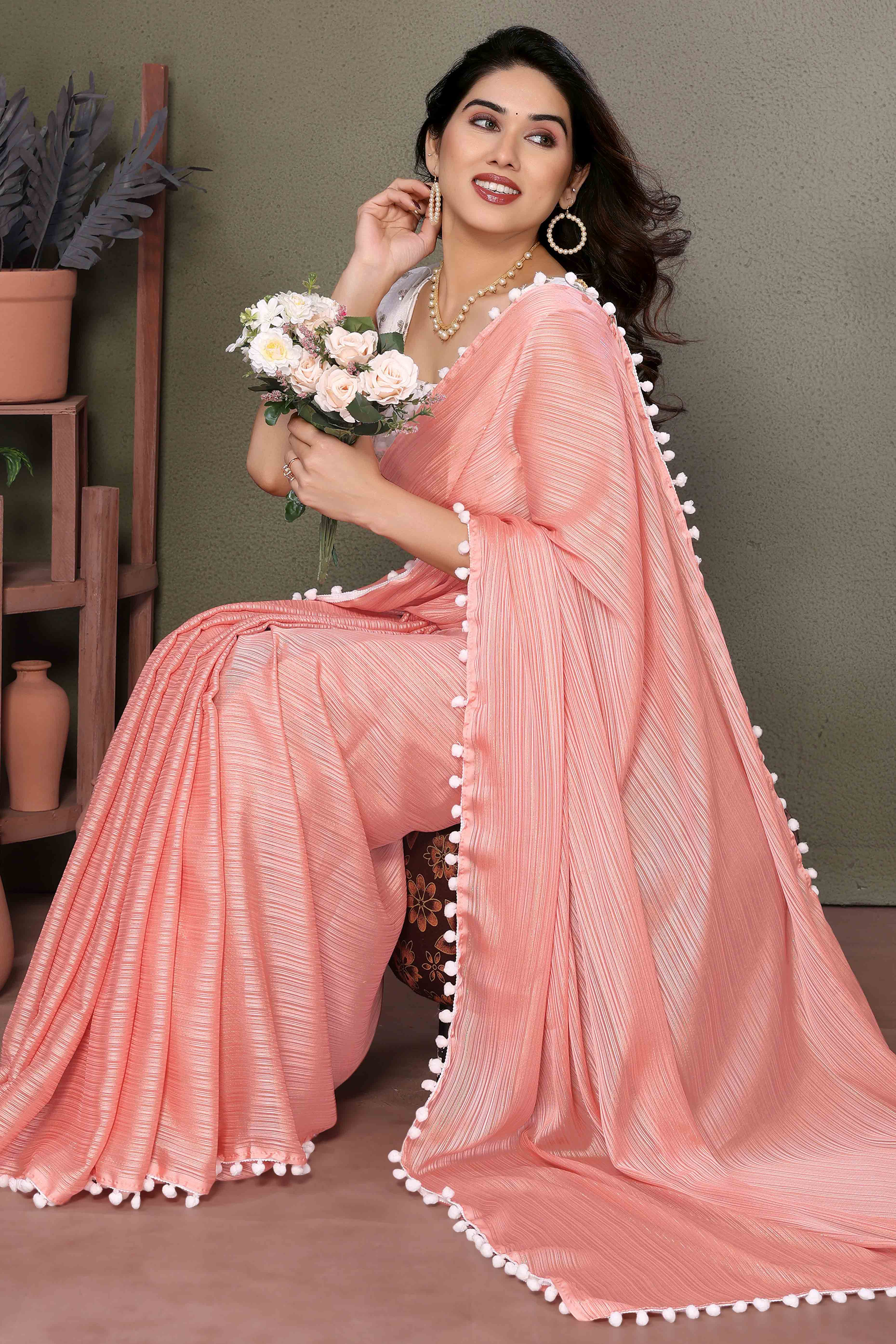 Peach Zari Woven Satin Saree With Pompom Border